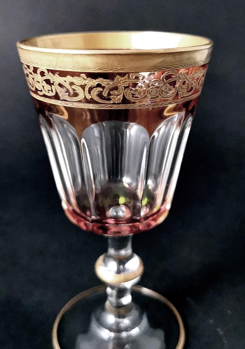 Louis XVI Style Six Blown and Colored Italian Wine Goblets Gold Rim For Sale 11