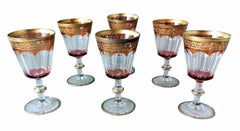 Louis XVI Style Six Blown and Colored Italian Wine Goblets Gold Rim