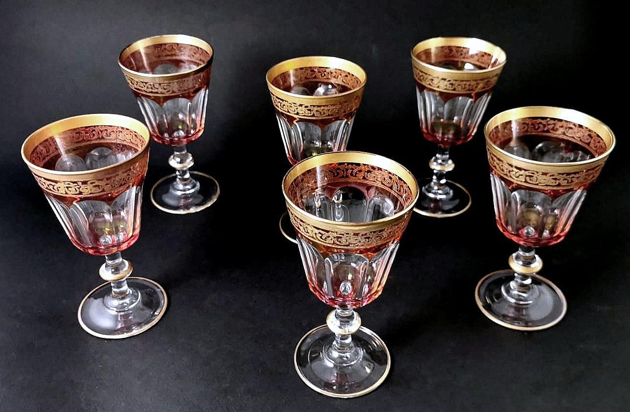 20th Century Louis XVI Style Six Blown and Colored Italian Wine Goblets Gold Rim For Sale