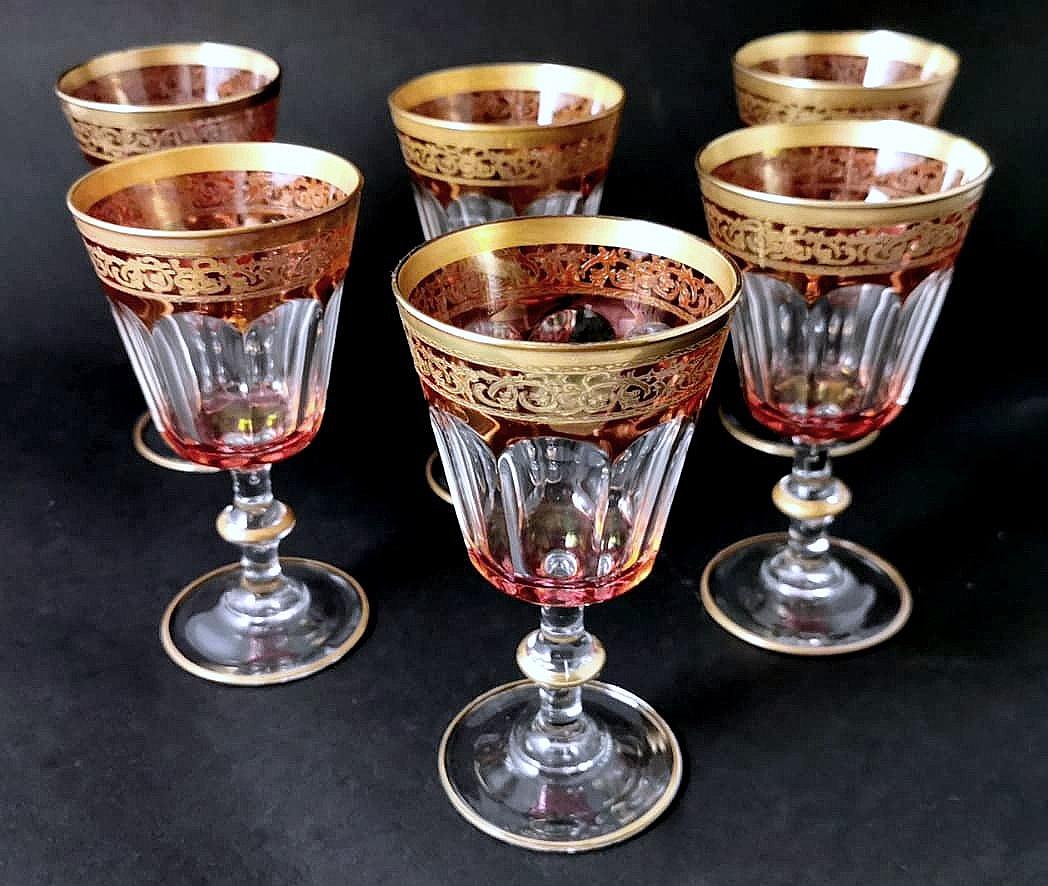 Louis XVI Style Six Blown and Colored Italian Wine Goblets Gold Rim For Sale 1