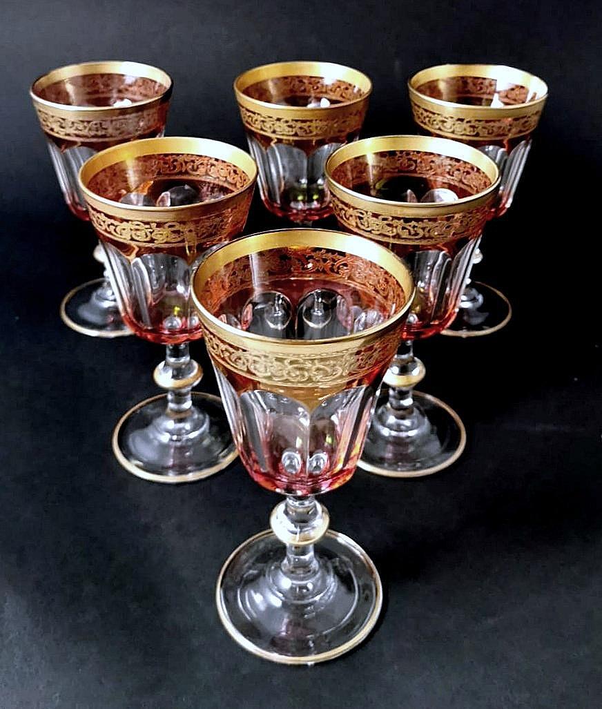 Louis XVI Style Six Blown and Colored Italian Wine Goblets Gold Rim For Sale 3