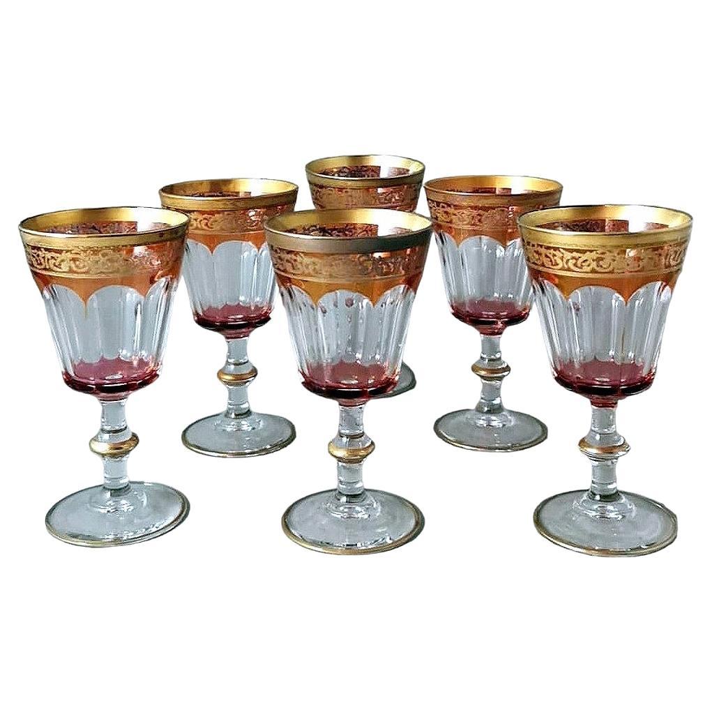 Louis XVI Style Six Blown and Colored Italian Wine Goblets Gold Rim For Sale