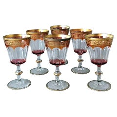 Retro Louis XVI Style Six Blown and Colored Italian Wine Goblets Gold Rim