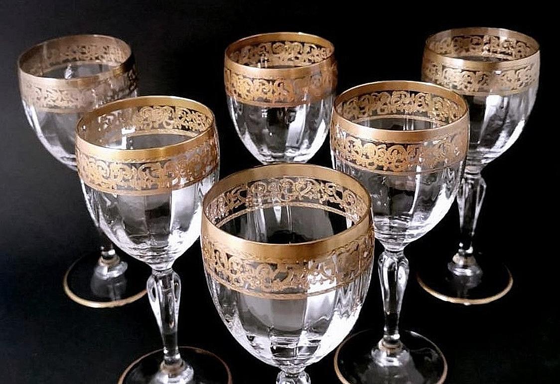Blown Glass Louis XVI Style Six Blown Italian Water Goblets with Gold Rim For Sale