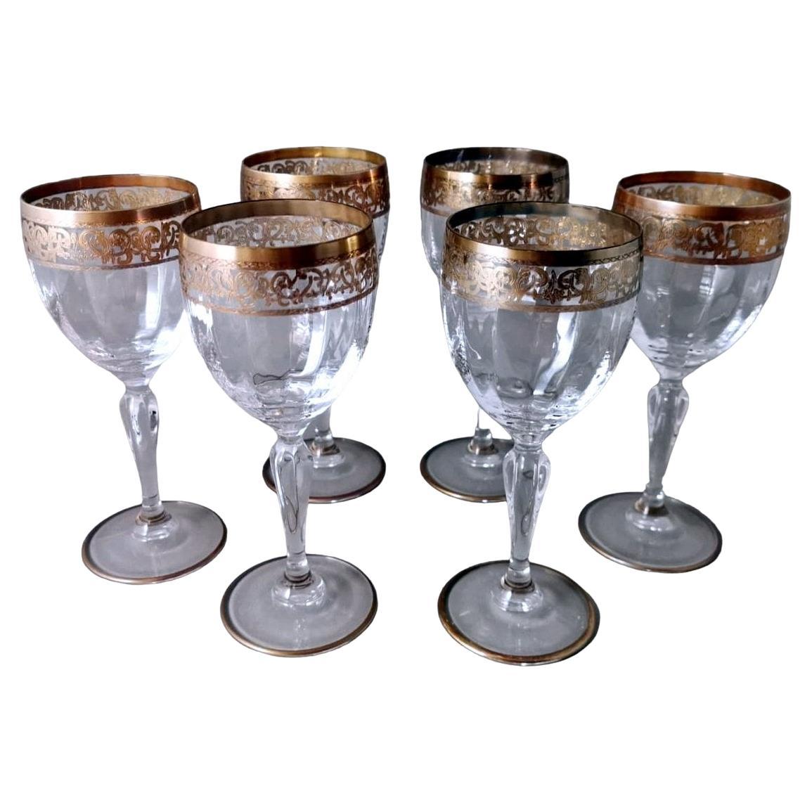 Louis XVI Style Six Blown Italian Water Goblets with Gold Rim For Sale