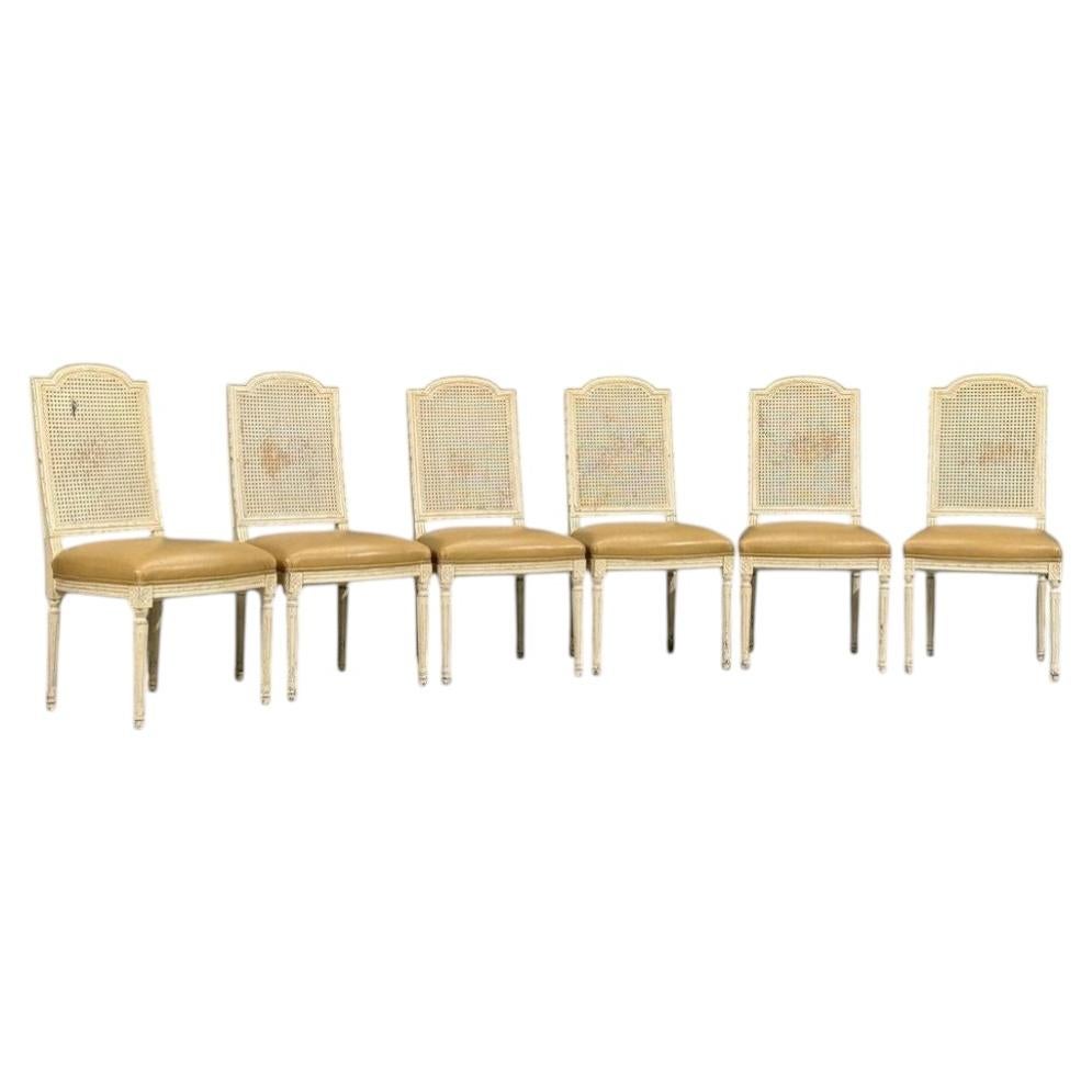 Louis XVI Style, Six Dining Chairs, Painted Wood, Cane, Leather, 20th c.
