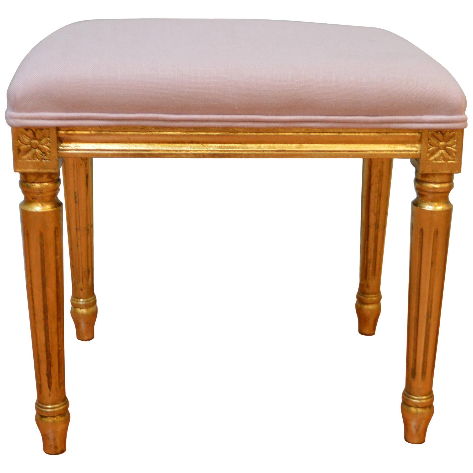 Louis XVI Style Small Bench for Custom Order, Gilded, Upholstered in Lilac Linen For Sale