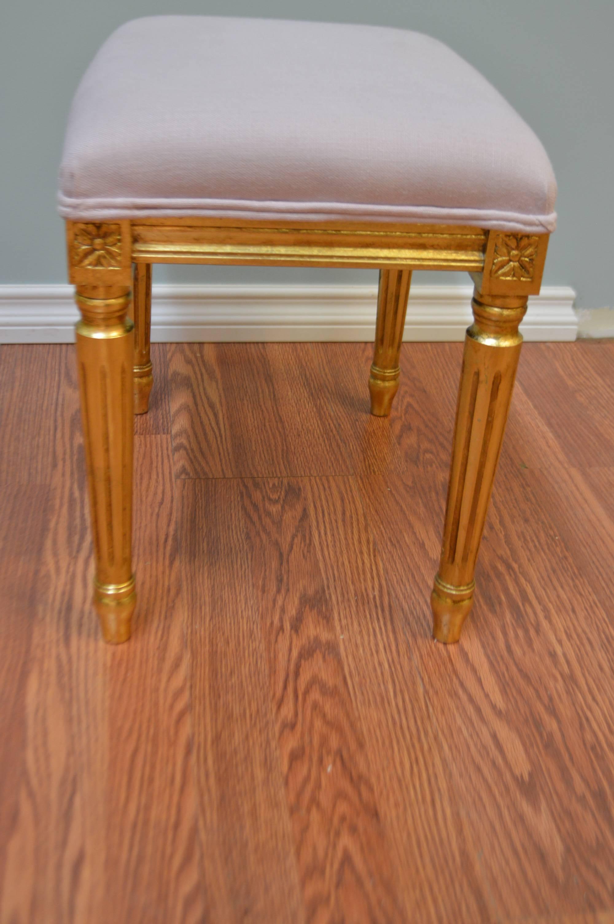 Gilt Louis XVI Style Small Bench for Custom Order, Gilded, Upholstered in Lilac Linen For Sale