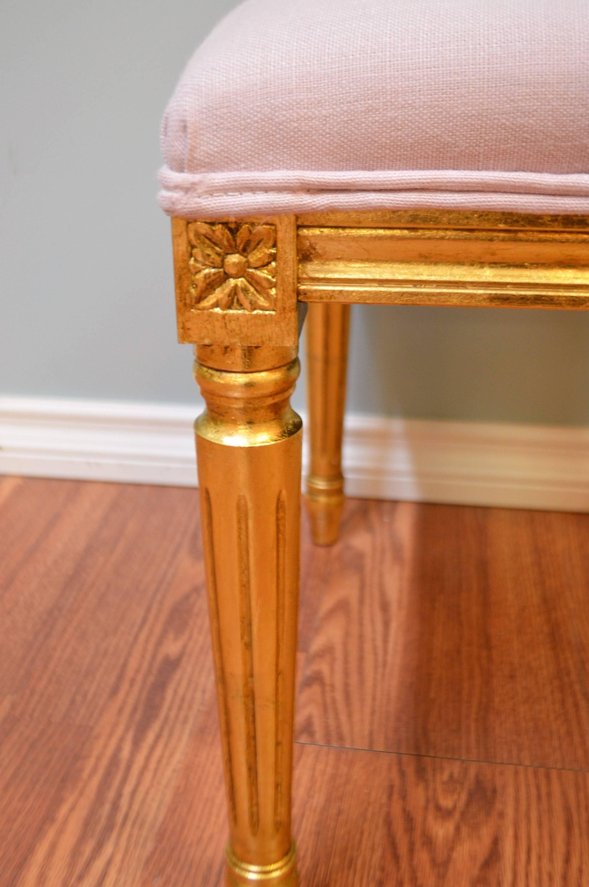 Contemporary Louis XVI Style Small Bench for Custom Order, Gilded, Upholstered in Lilac Linen For Sale