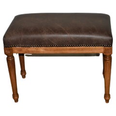 Louis XVI Style Small Bench Upholstered in a Vintage Brown Leather