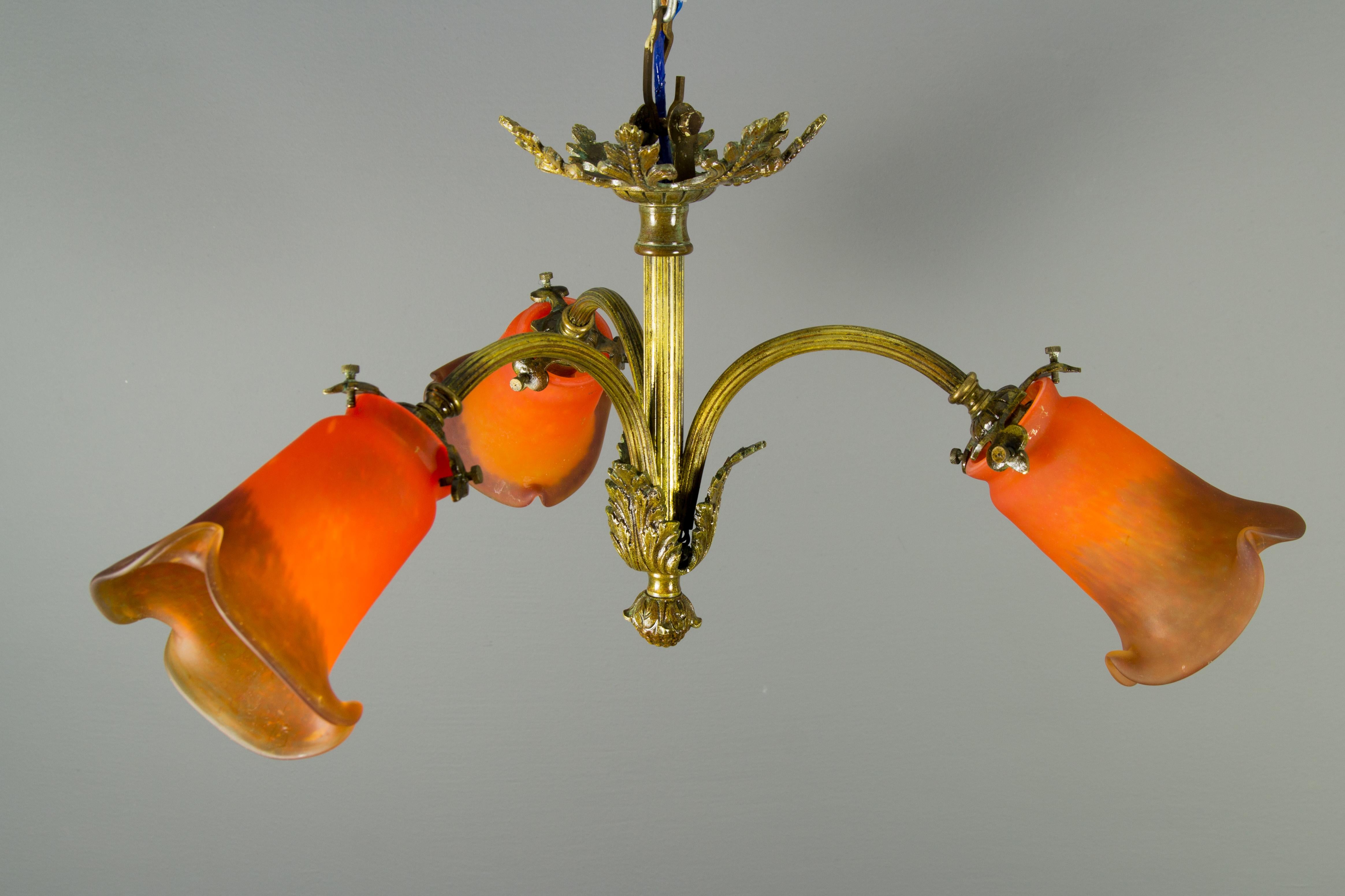 Louis XVI Style Bronze and Red Pâte de Verre Glass Three-Light Chandelier 3