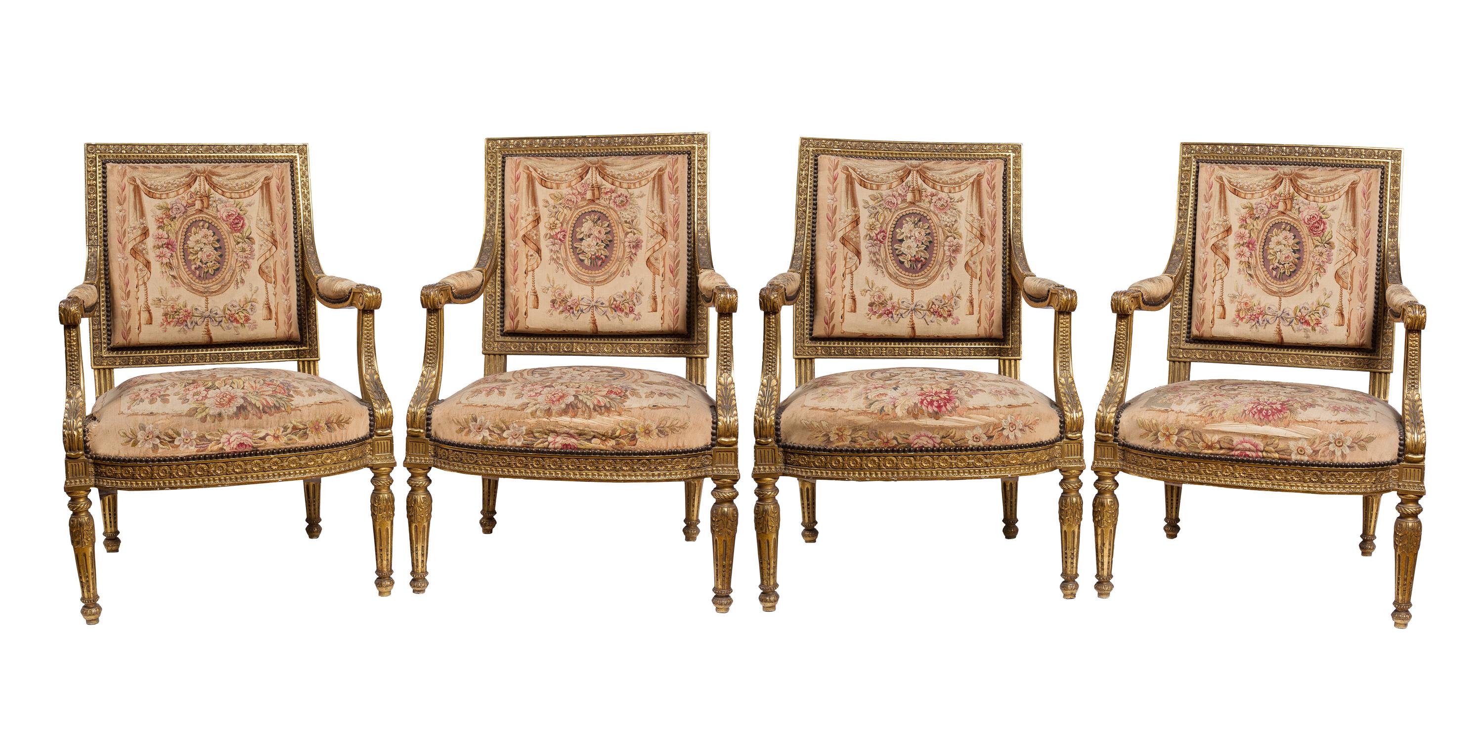 Antikes Sofa im Louis-XVI.-Stil, 4 Stühle Salon-Suite, Aubusson-Wandteppich-Polsterung (Französisch) im Angebot