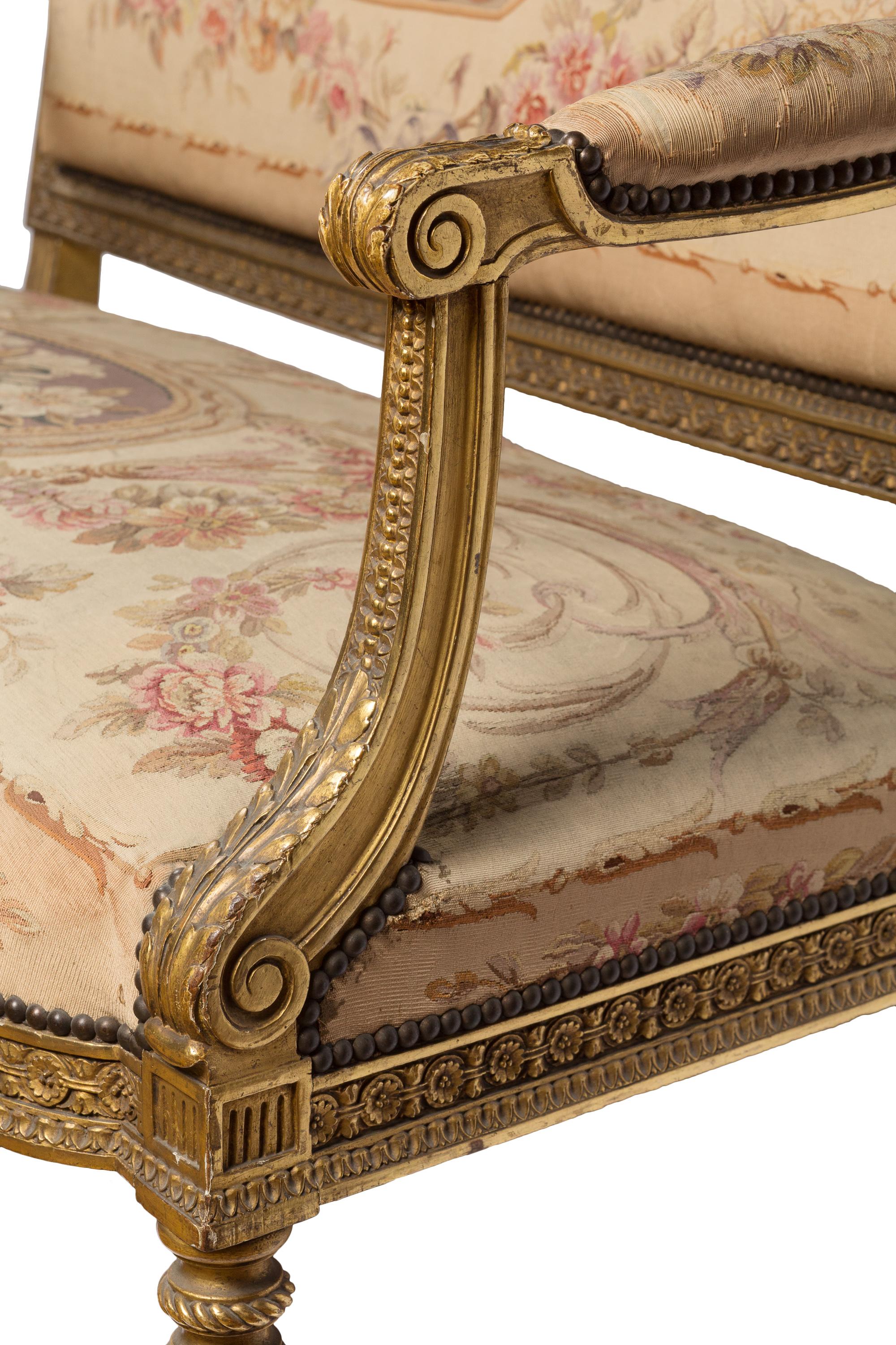 Carved Antique Louis XVI Style Sofa, 4 Chair Salon Suite, Aubusson Tapestry Upholstery For Sale