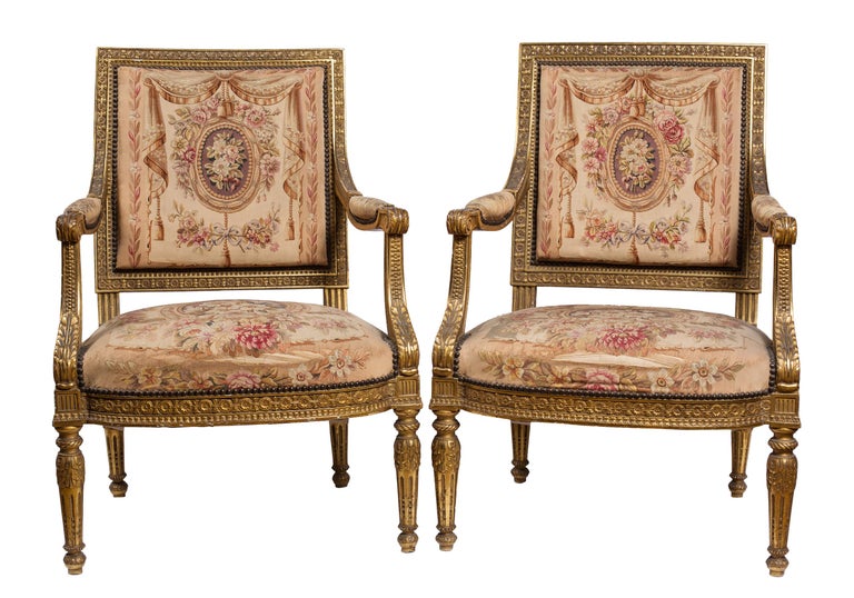 Louis XVI Style Sofa and Four Chair Salon Suite, Aubusson Tapestry Upholstery For Sale 2