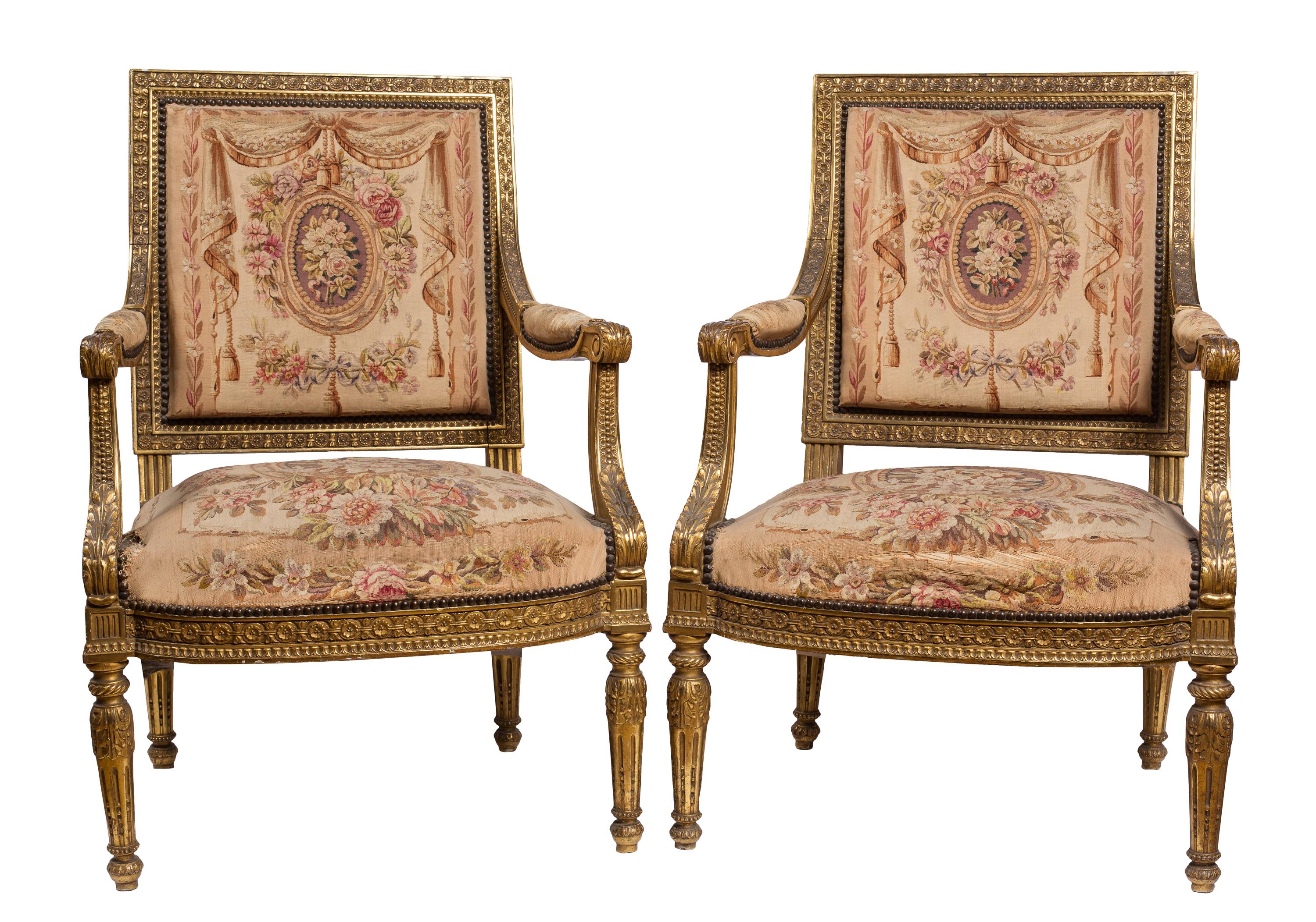 19th Century Antique Louis XVI Style Sofa, 4 Chair Salon Suite, Aubusson Tapestry Upholstery For Sale