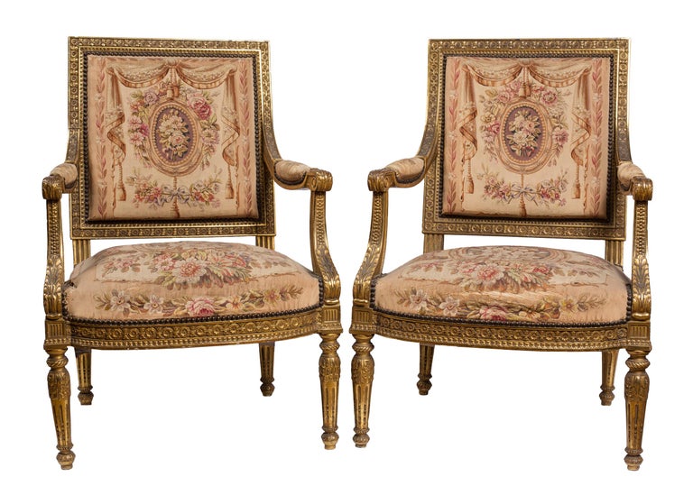 Louis XVI Style Sofa and Four Chair Salon Suite, Aubusson Tapestry Upholstery For Sale 3