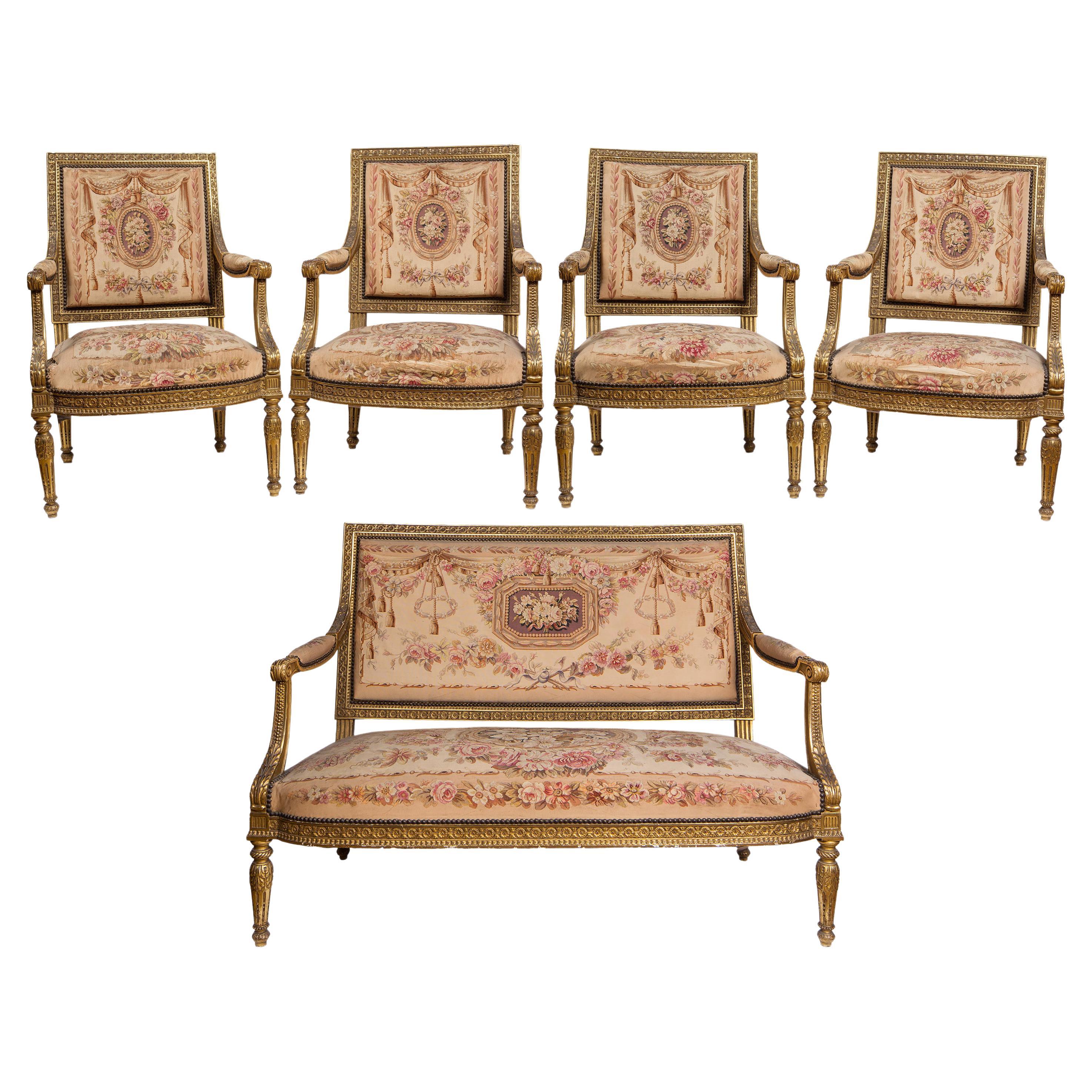 Antique Louis XVI Style Sofa, 4 Chair Salon Suite, Aubusson Tapestry Upholstery For Sale