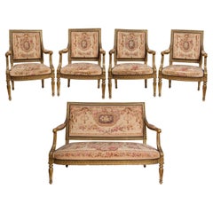 Canapé ancien de style Louis XVI, suite de salon de 4 chaises, tapisserie d'Aubusson