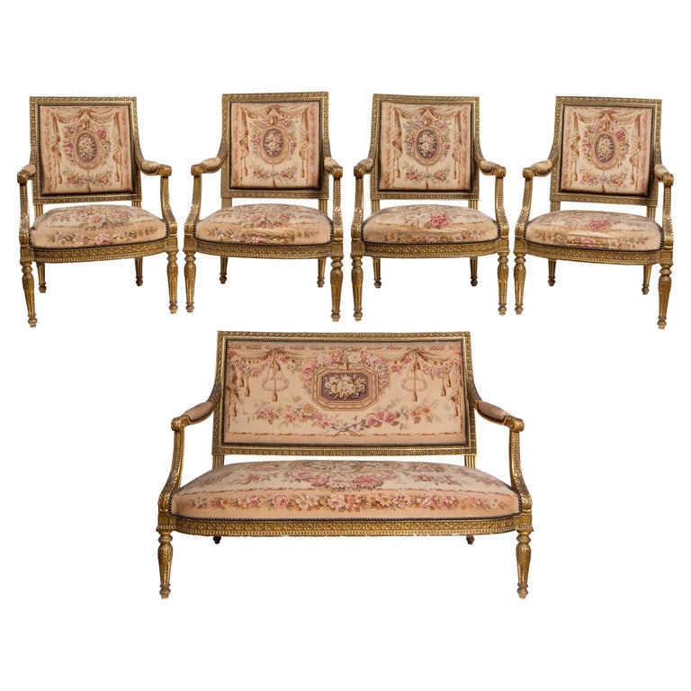 Louis XVI Style Sofa and Four Chair Salon Suite, Aubusson Tapestry Upholstery For Sale