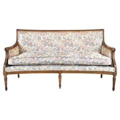 Louis XVI Style Sofa, Hand-Carved Walnut, Floral Tapestry, USA, 1960s