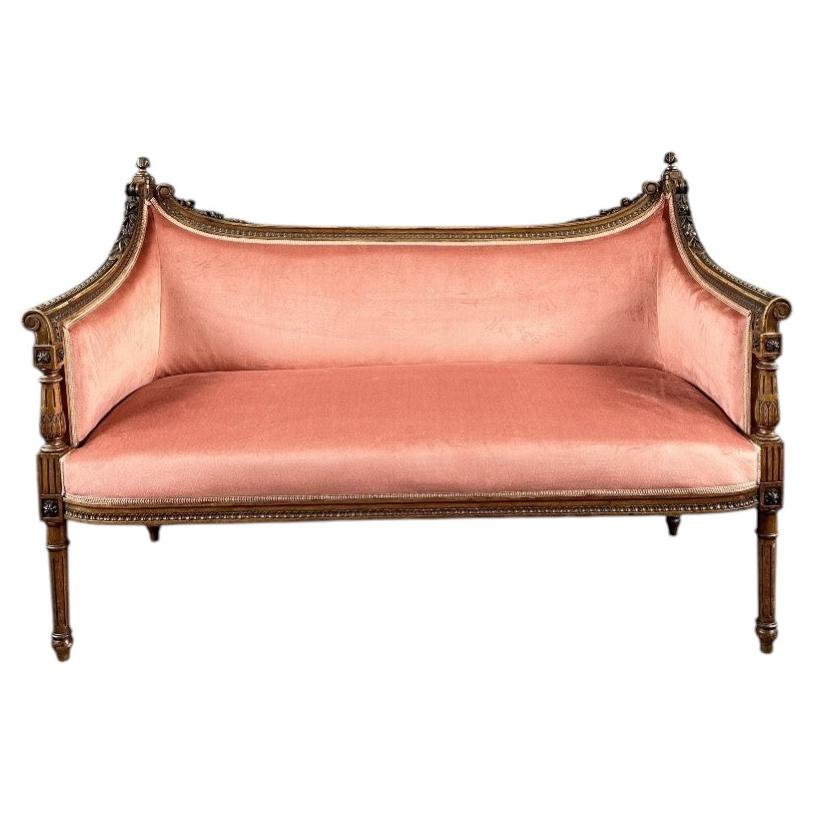 Louis XVI Style Sofa In Carved Wood And Velvet, 20th Century