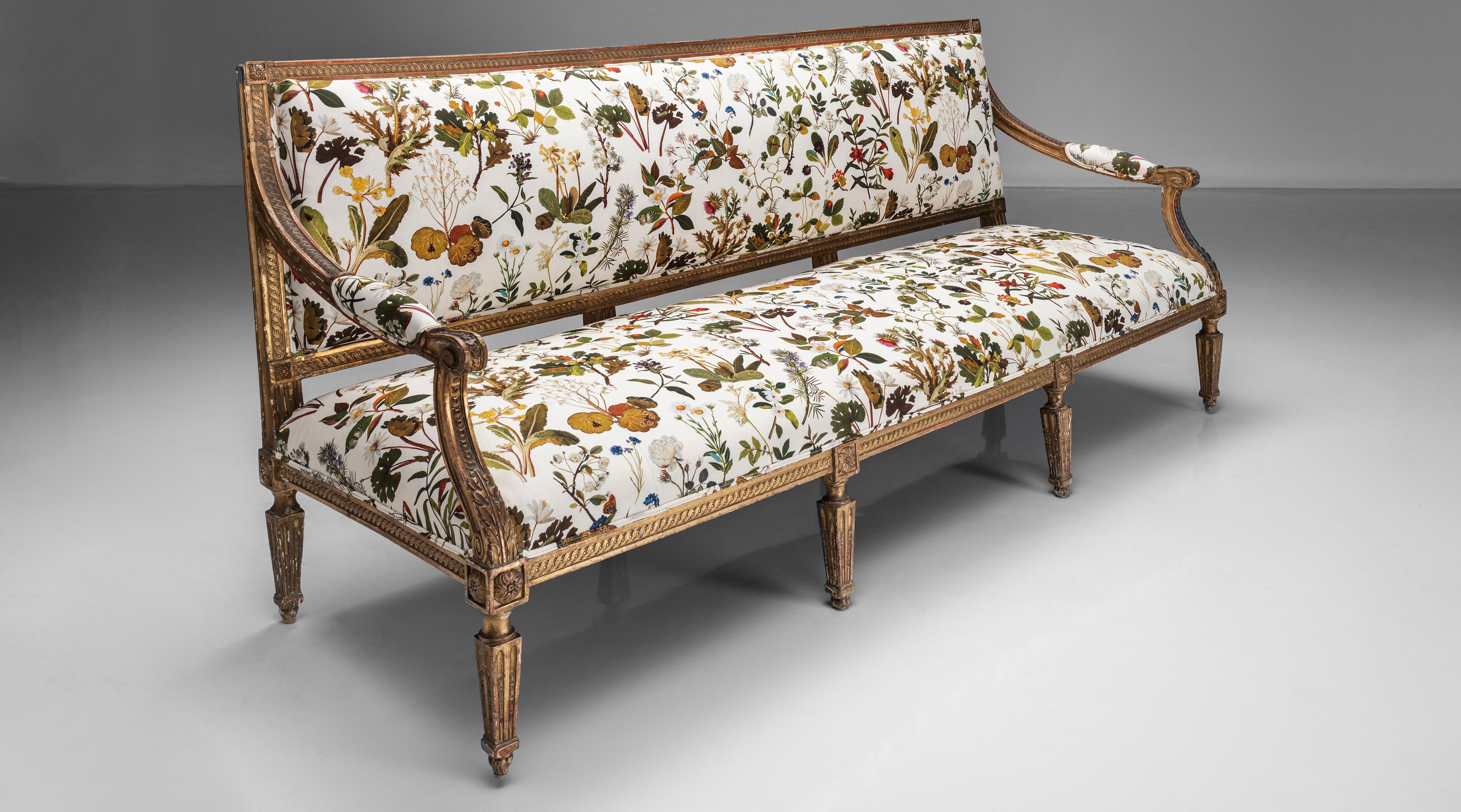 Louis XVI Style sofa in Cotton Linen from House of Hackney, France circa 1880.

Louis XVI style sofa newly upholstered in cotton linen from House of Hackney with gold leaf patina on frame.