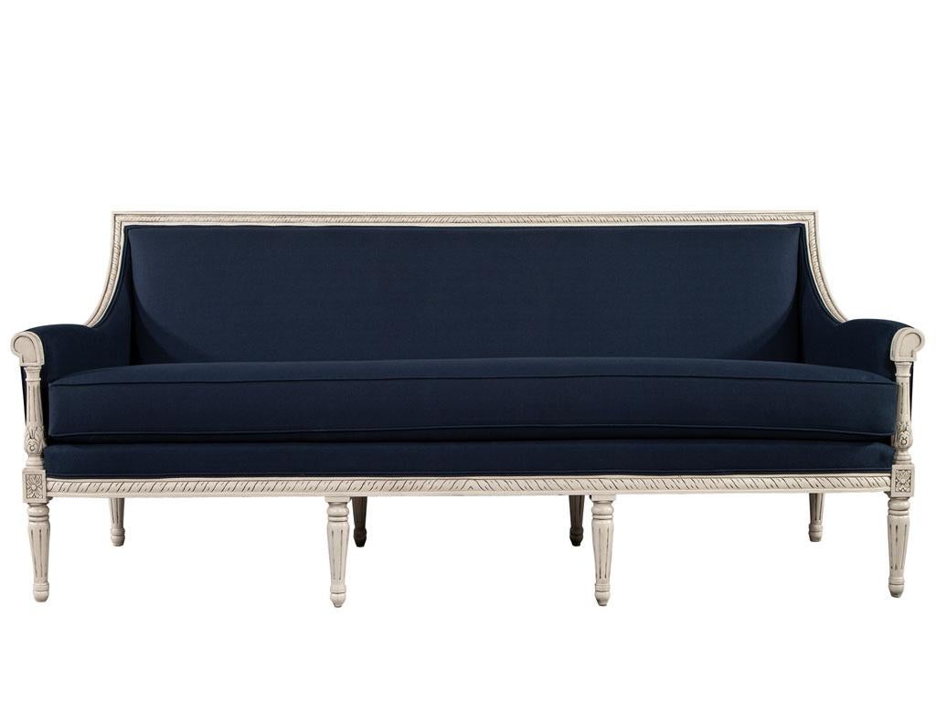 Louis XVI Style Sofa in Indigo Navy Blue Fabric For Sale 4