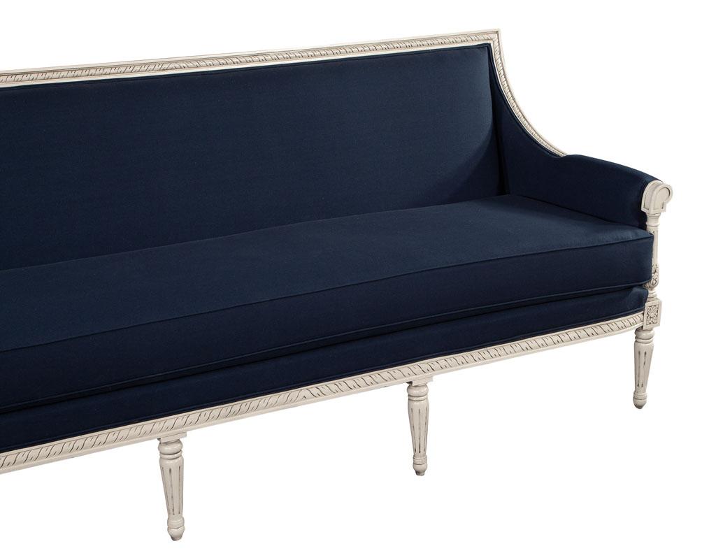 American Louis XVI Style Sofa in Indigo Navy Blue Fabric For Sale