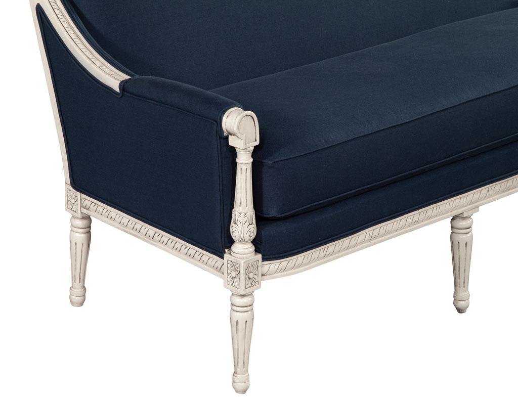 Contemporary Louis XVI Style Sofa in Indigo Navy Blue Fabric For Sale