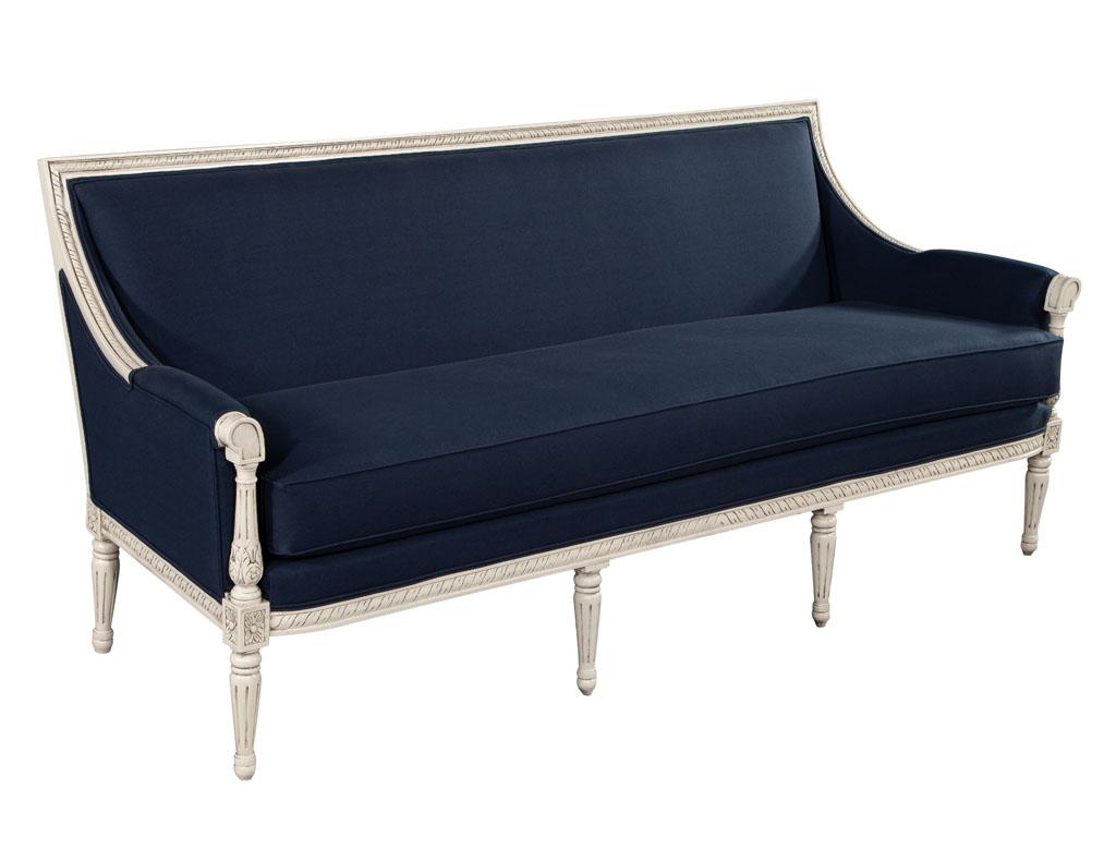 Maple Louis XVI Style Sofa in Indigo Navy Blue Fabric For Sale