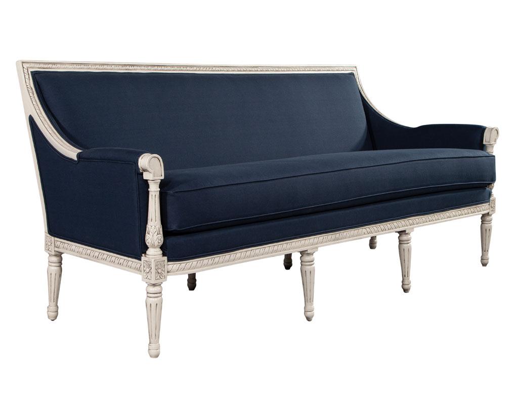 Louis XVI Style Sofa in Indigo Navy Blue Fabric For Sale 2