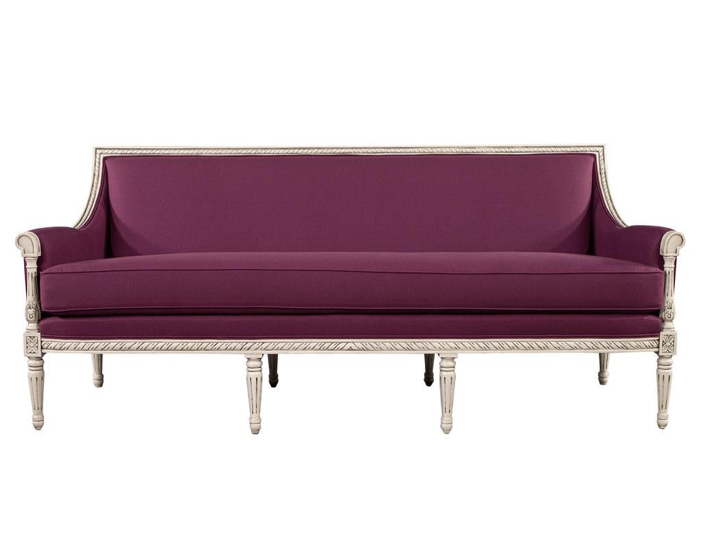 Louis XVI Style Sofa in Plum Burgundy Fabric For Sale 7