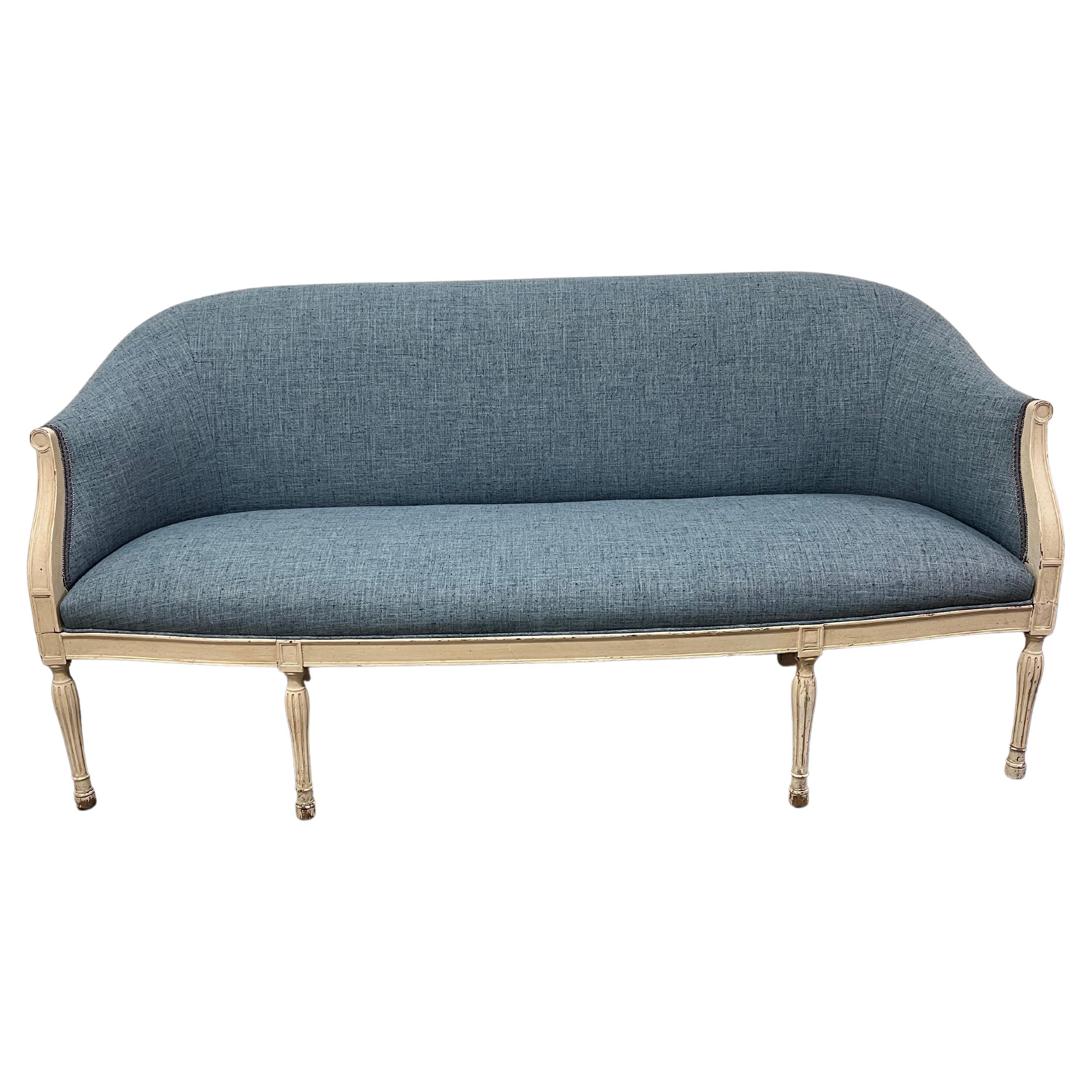 Lacquered Upholstered Louis XVI Style Patinated Wood Frame Sofa  For Sale