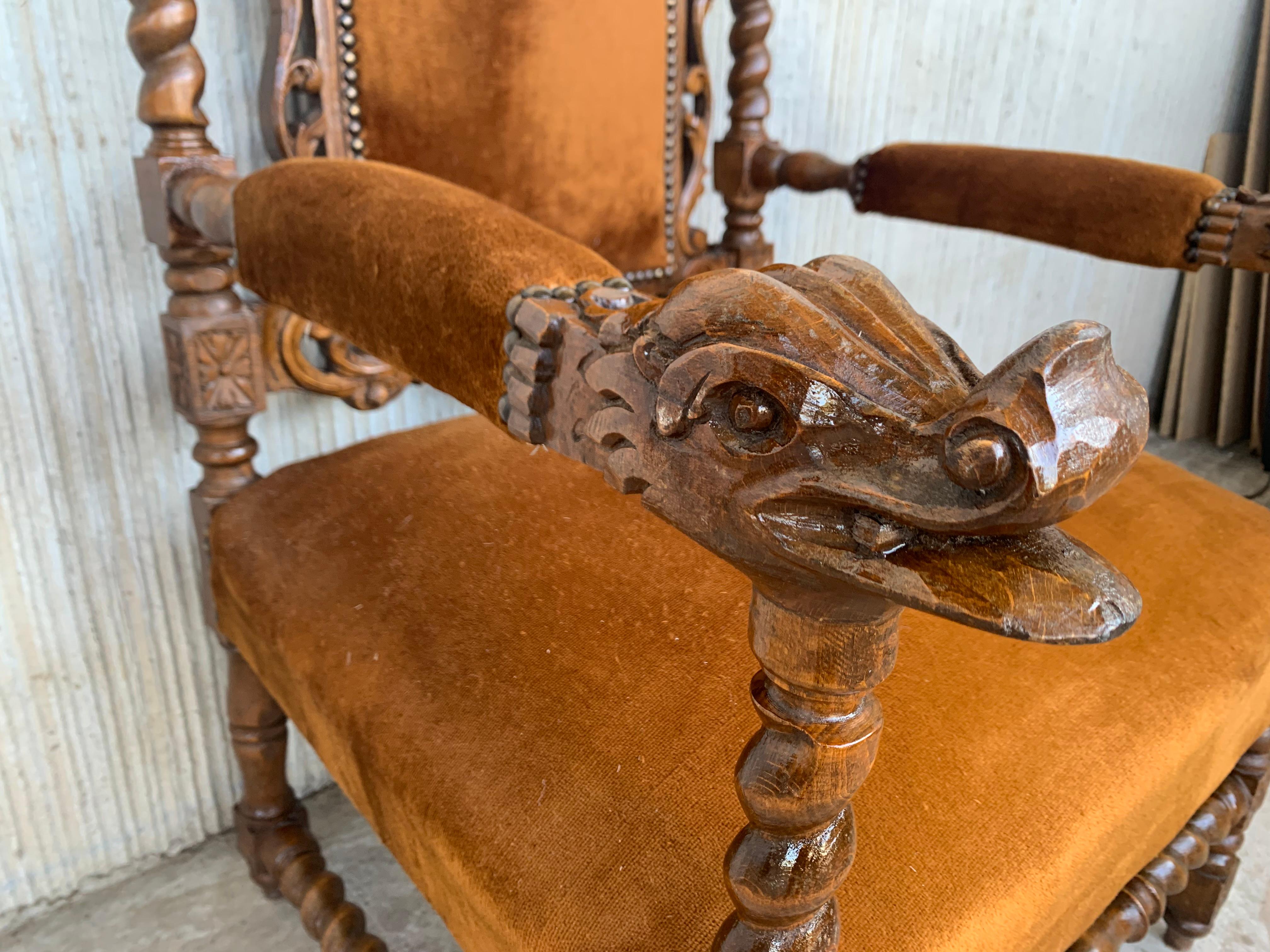Louis XVI Style Spanish Pair of Carved Walnut Armchairs, 1900s For Sale 9