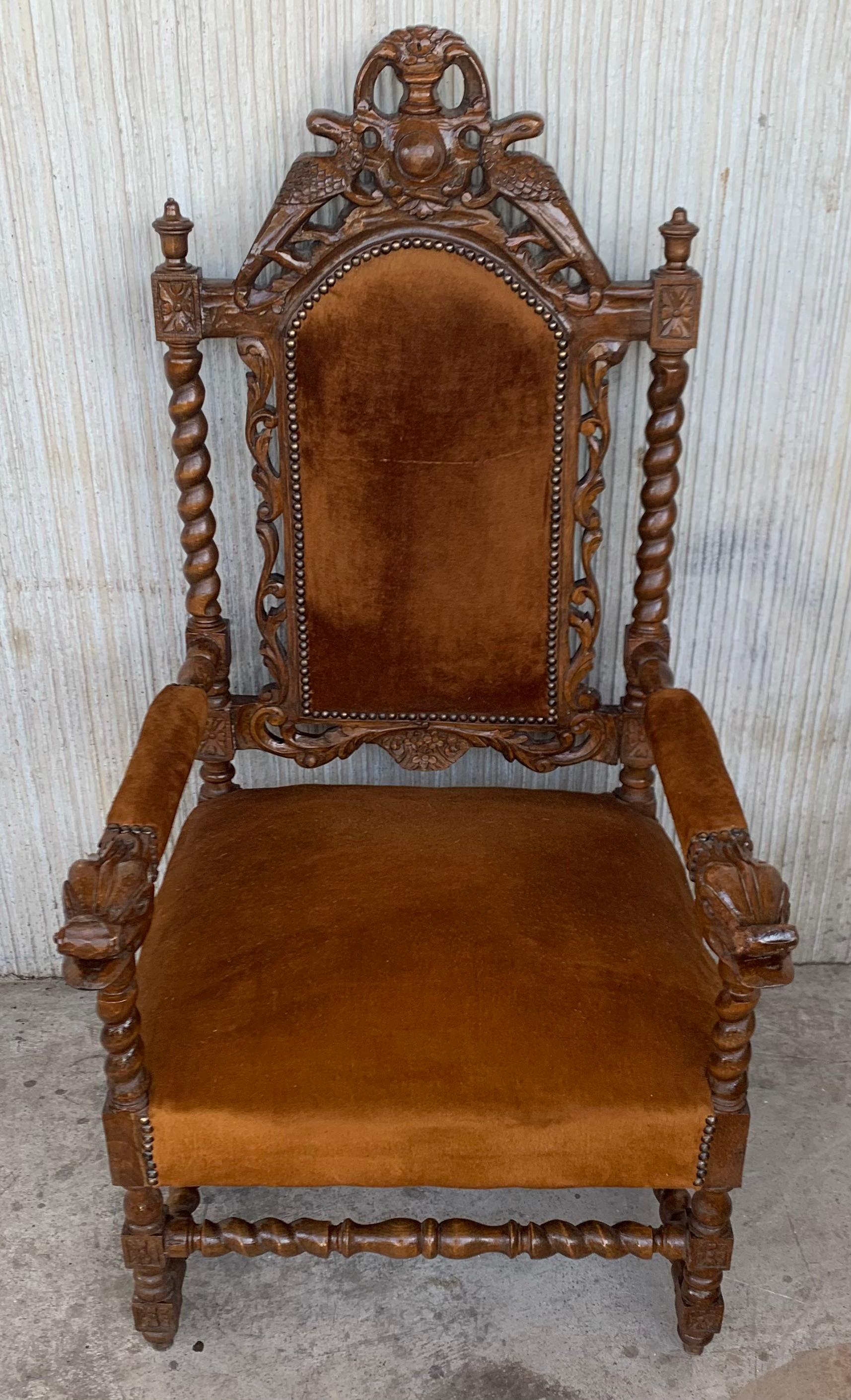 Louis XVI style pair of carved armchairs, Spain, 1900s
Good antique condition with some minor marks from used and age.
Beautiful Solomonic columns in the back , awesome crest and impressive carved arms.
Brown velvet in seat and