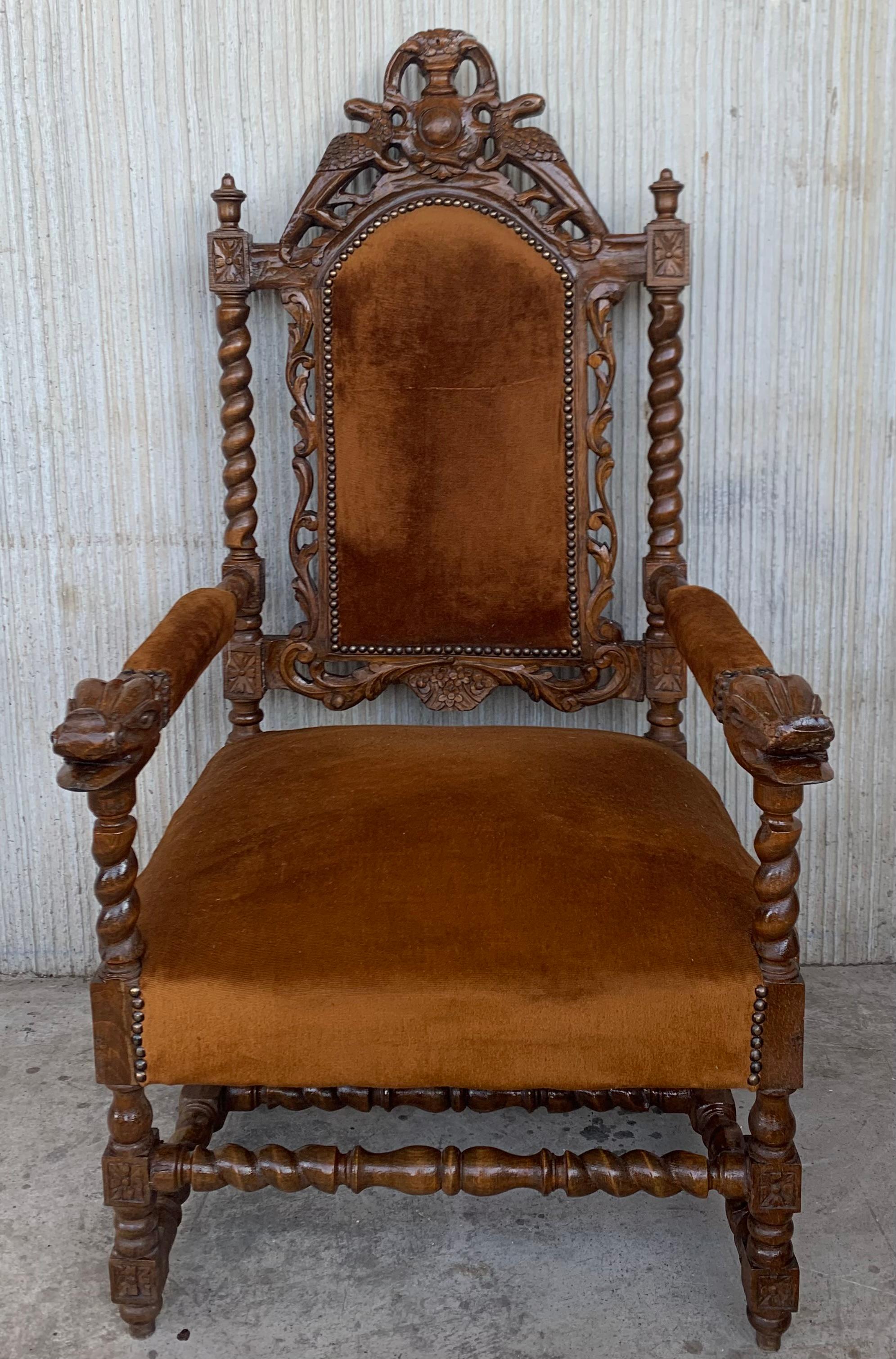 Baroque Louis XVI Style Spanish Pair of Carved Walnut Armchairs, 1900s For Sale