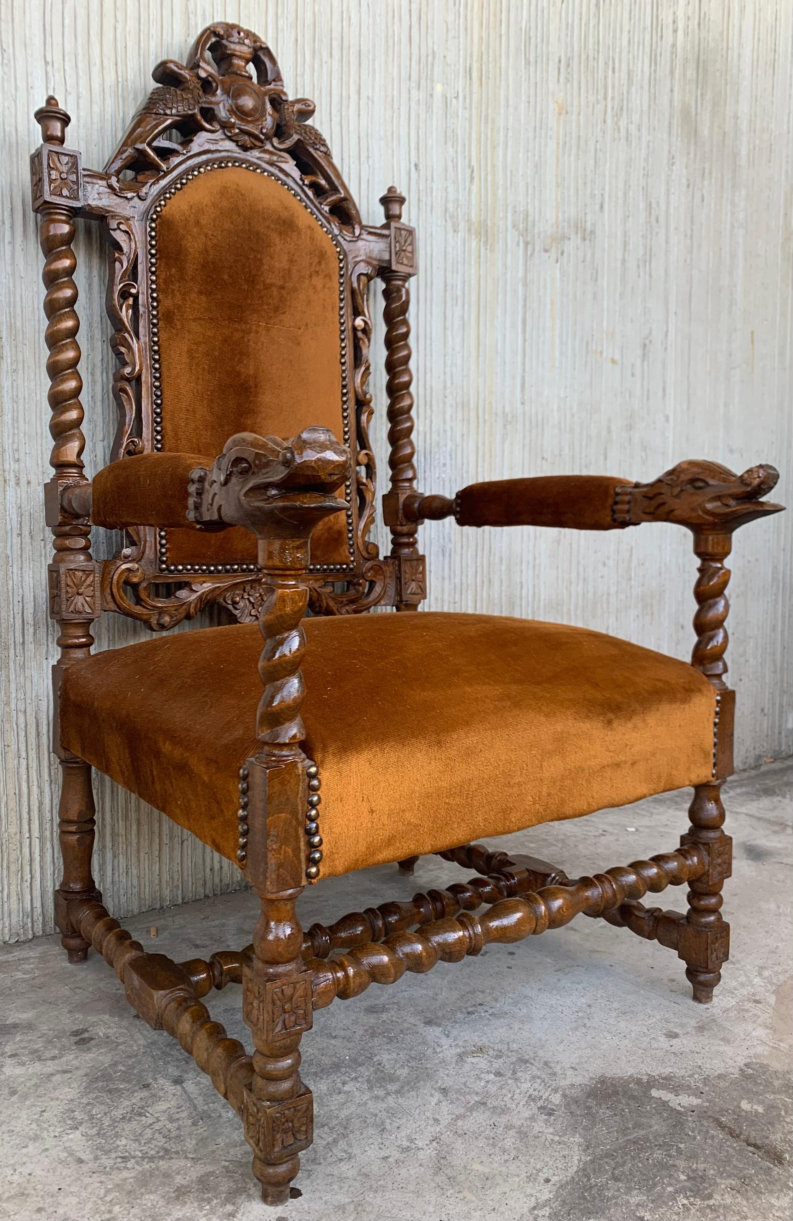 Velvet Louis XVI Style Spanish Pair of Carved Walnut Armchairs, 1900s For Sale
