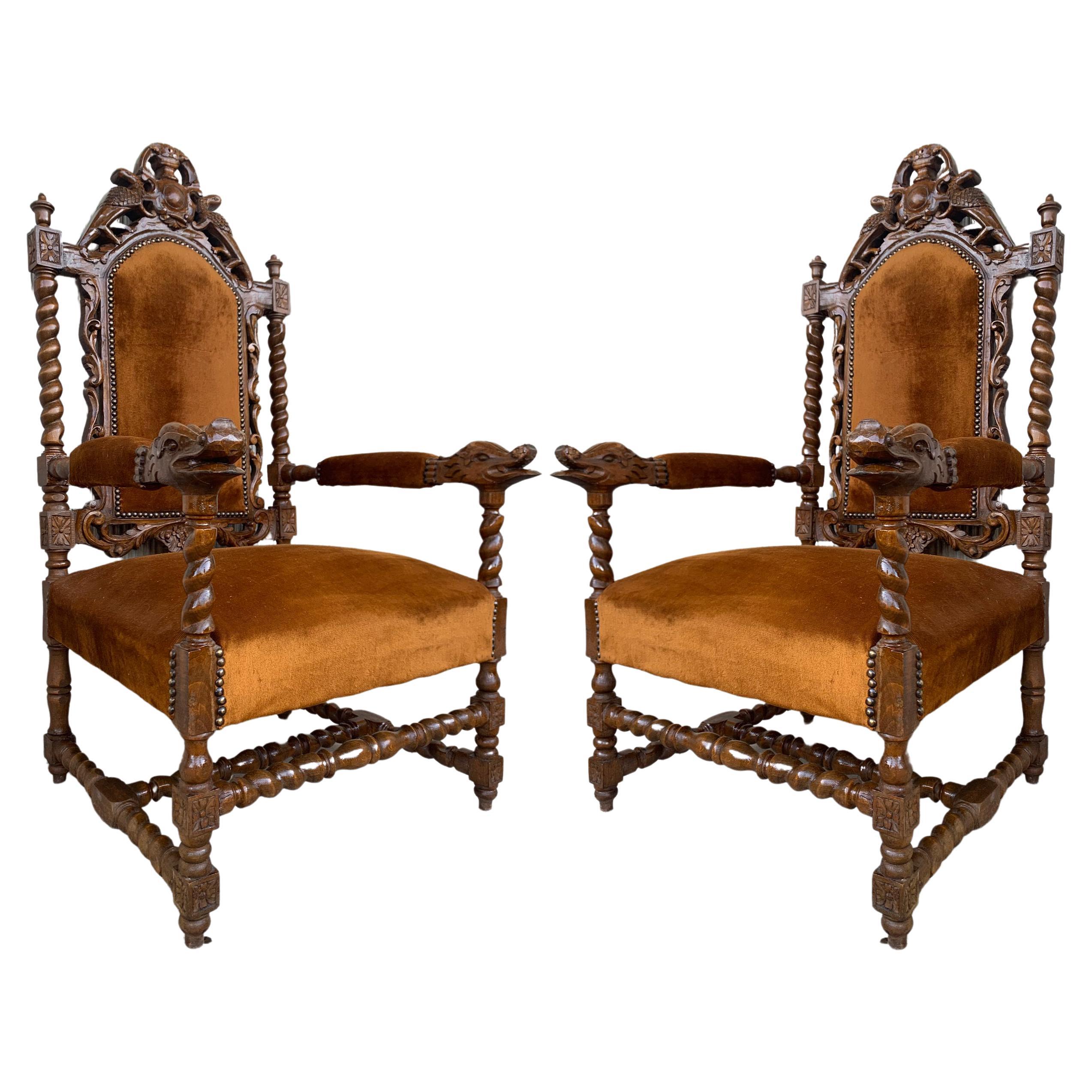 Louis XVI Style Spanish Pair of Carved Walnut Armchairs, 1900s