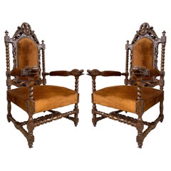 Louis XVI Style Spanish Pair of Carved Walnut Armchairs, 1900s