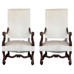 Antique Louis XVI Style Spanish Pair of Carved Walnut Armchairs, 1900s