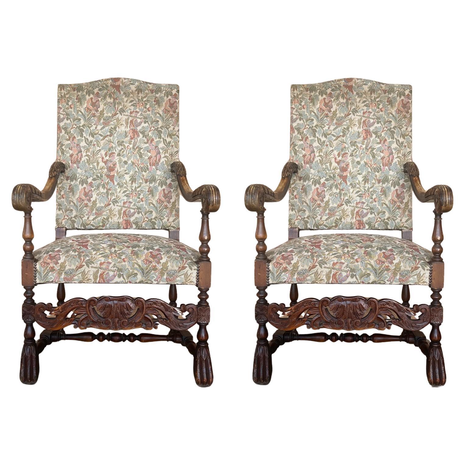 Louis XVI Style Spanish Pair of Carved Walnut Armchairs, 1900s