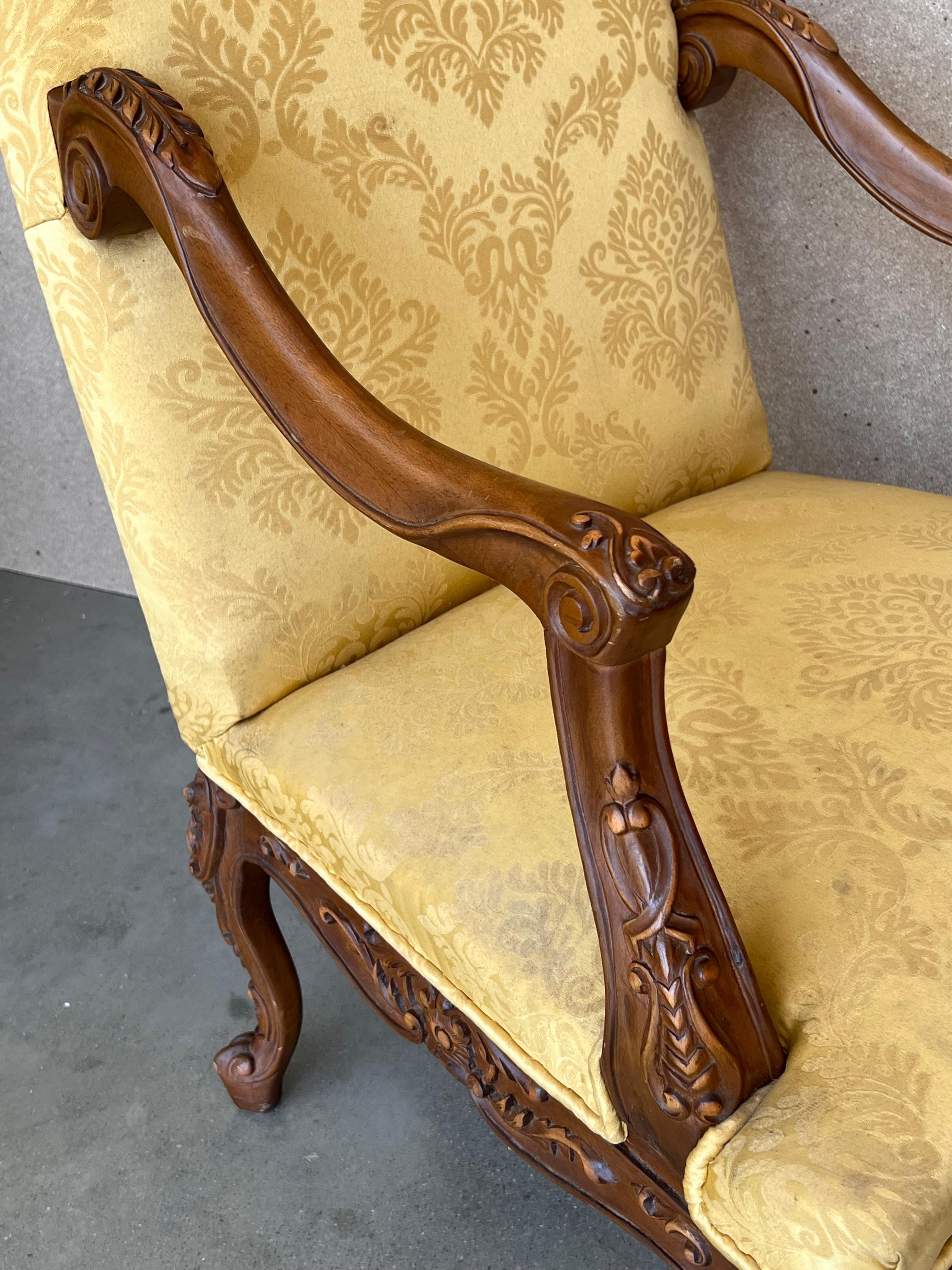 Louis XVI Style Spanish Pair of High Back Carved Walnut Armchairs, 1900s For Sale 6