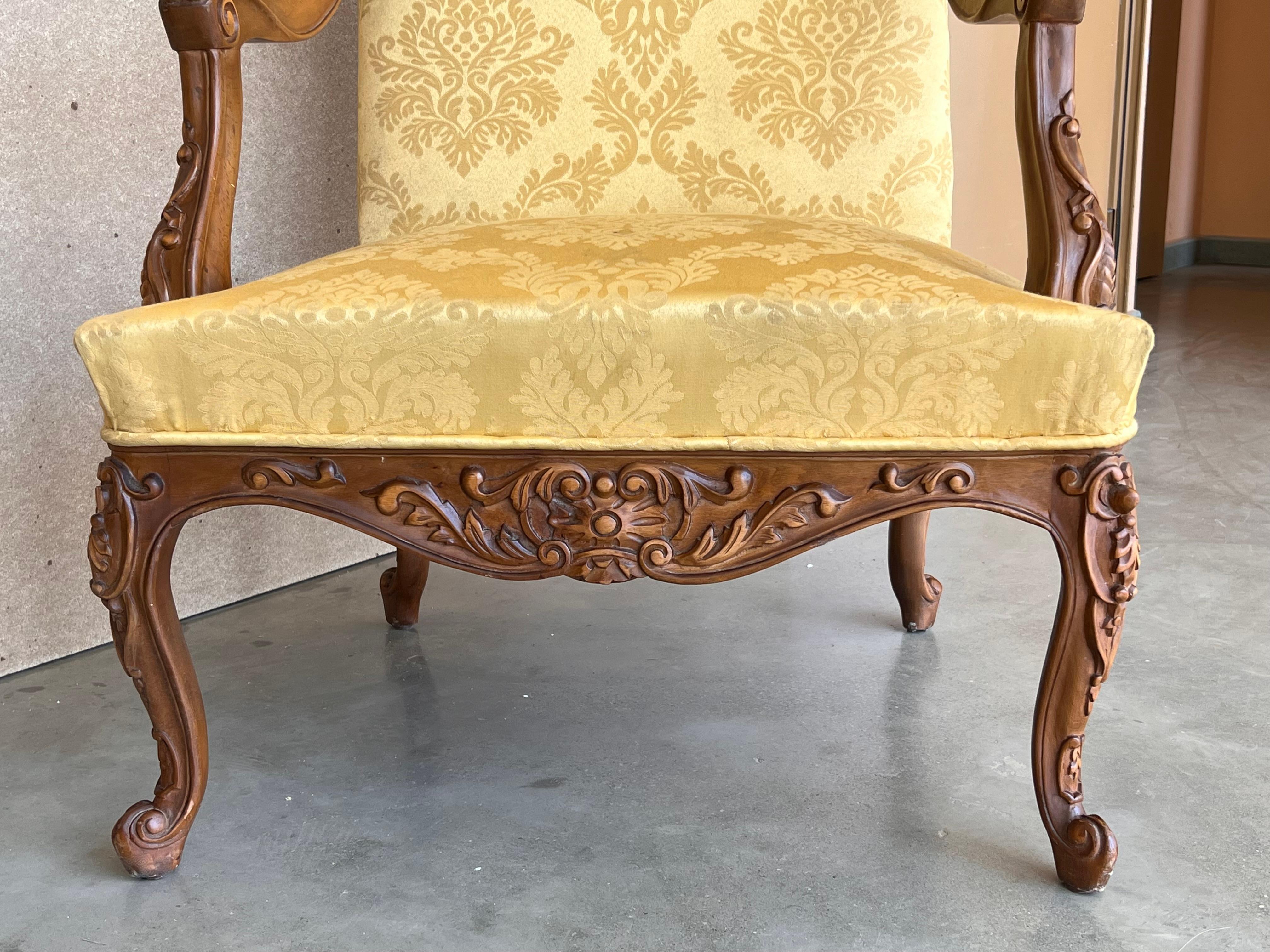 Louis XVI Style Spanish Pair of High Back Carved Walnut Armchairs, 1900s For Sale 8