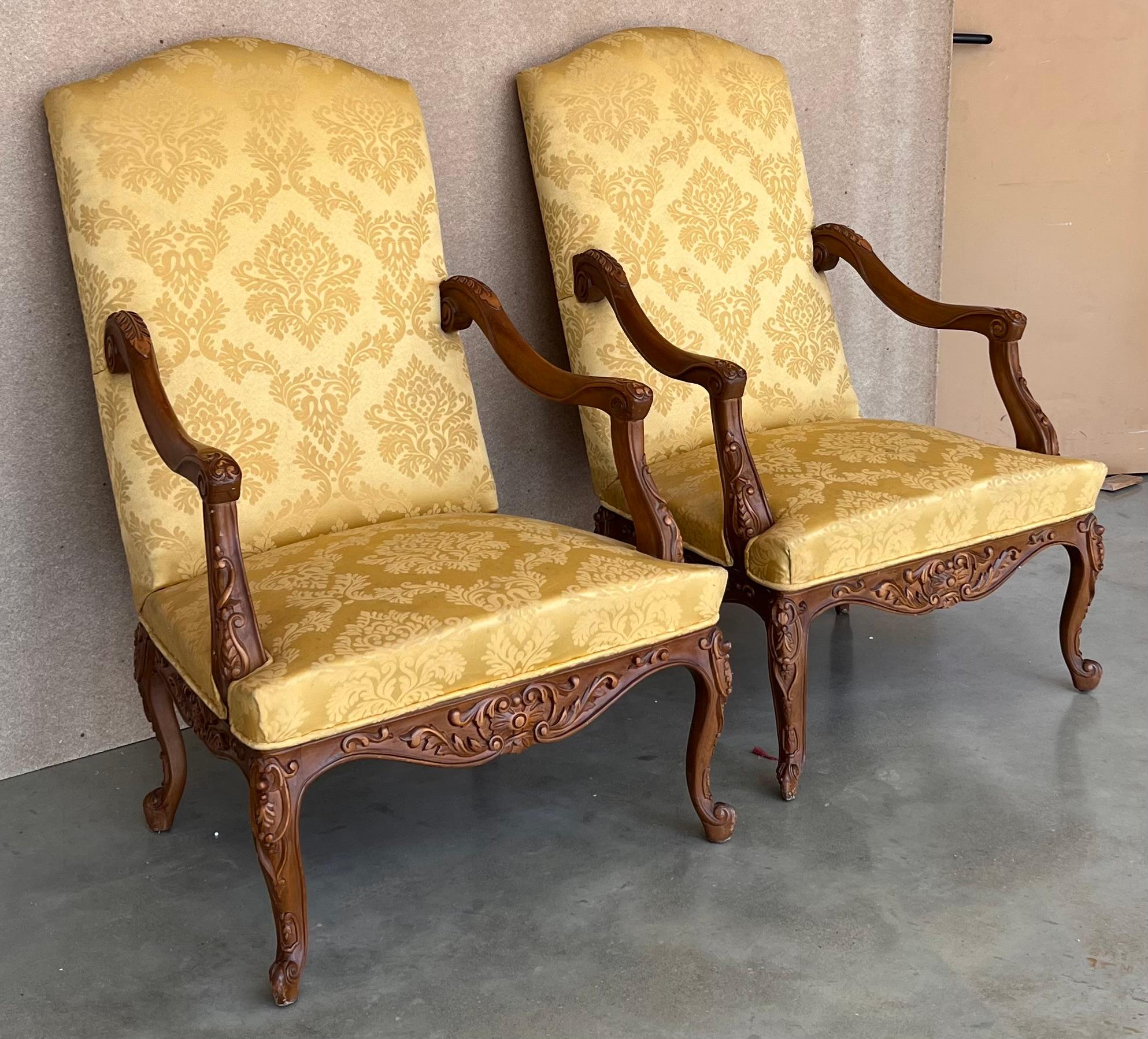 19th Century Louis XVI Style Spanish Pair of High Back Carved Walnut Armchairs, 1900s For Sale