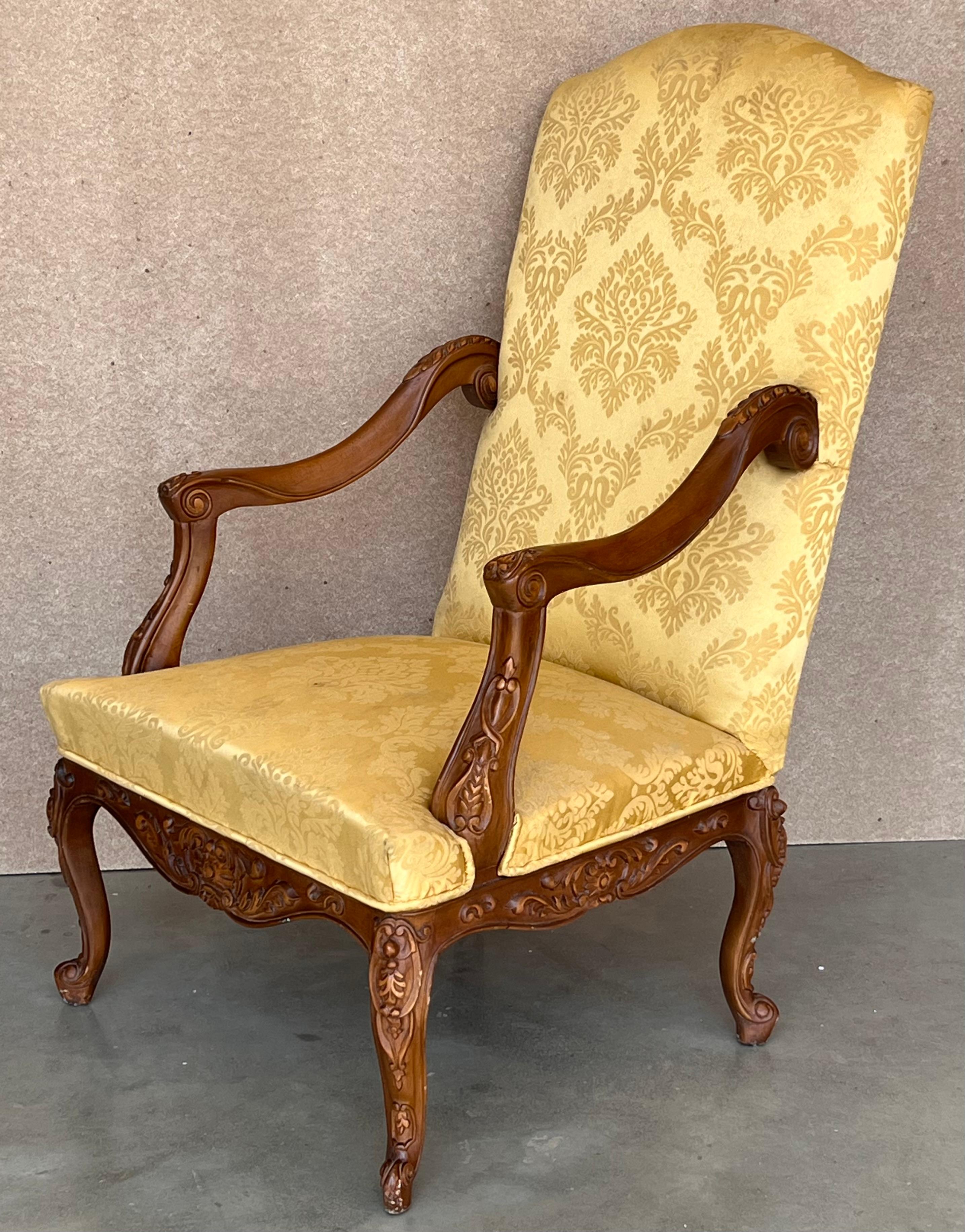 Louis XVI Style Spanish Pair of High Back Carved Walnut Armchairs, 1900s For Sale 2