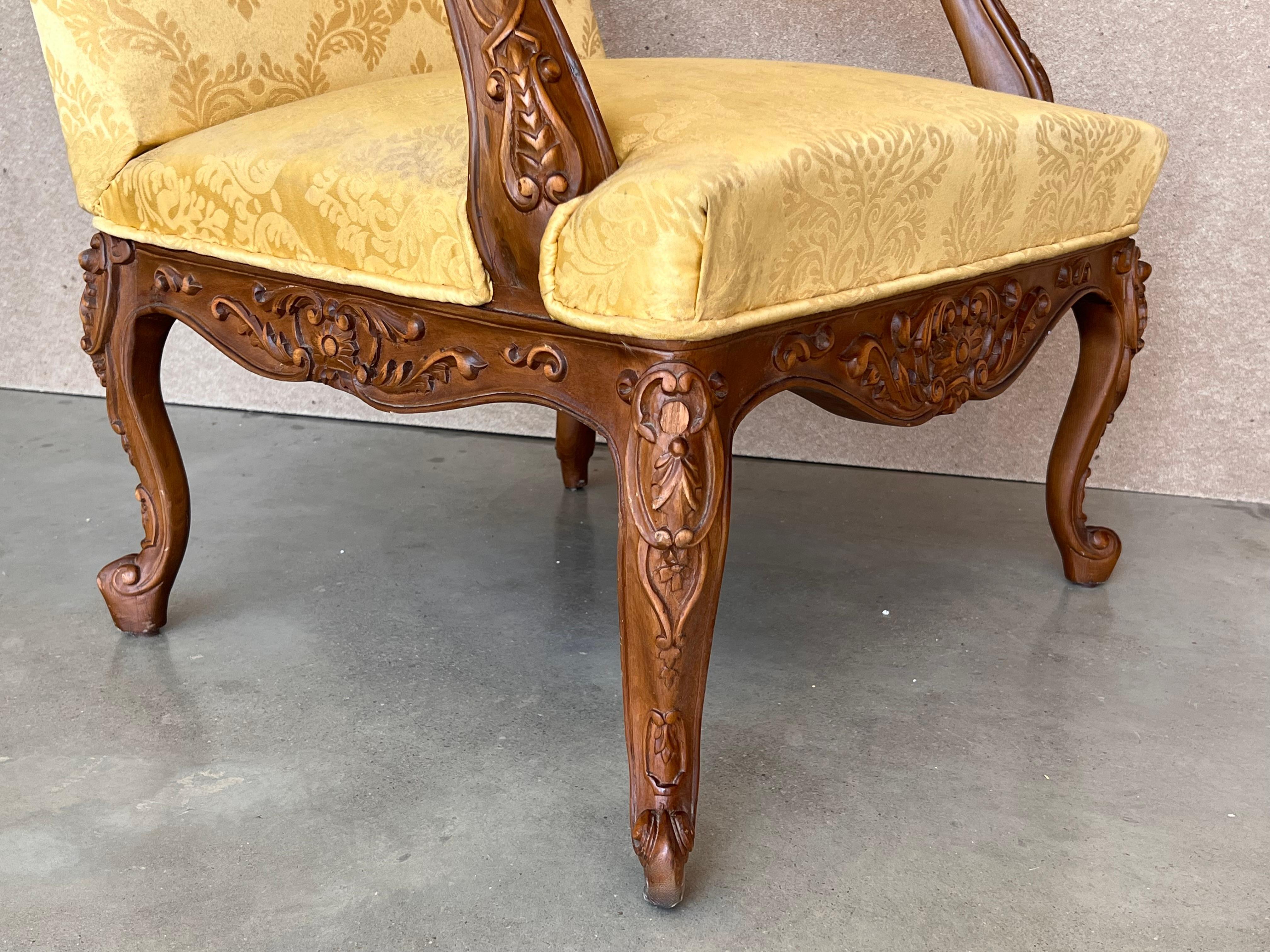 Louis XVI Style Spanish Pair of High Back Carved Walnut Armchairs, 1900s For Sale 5