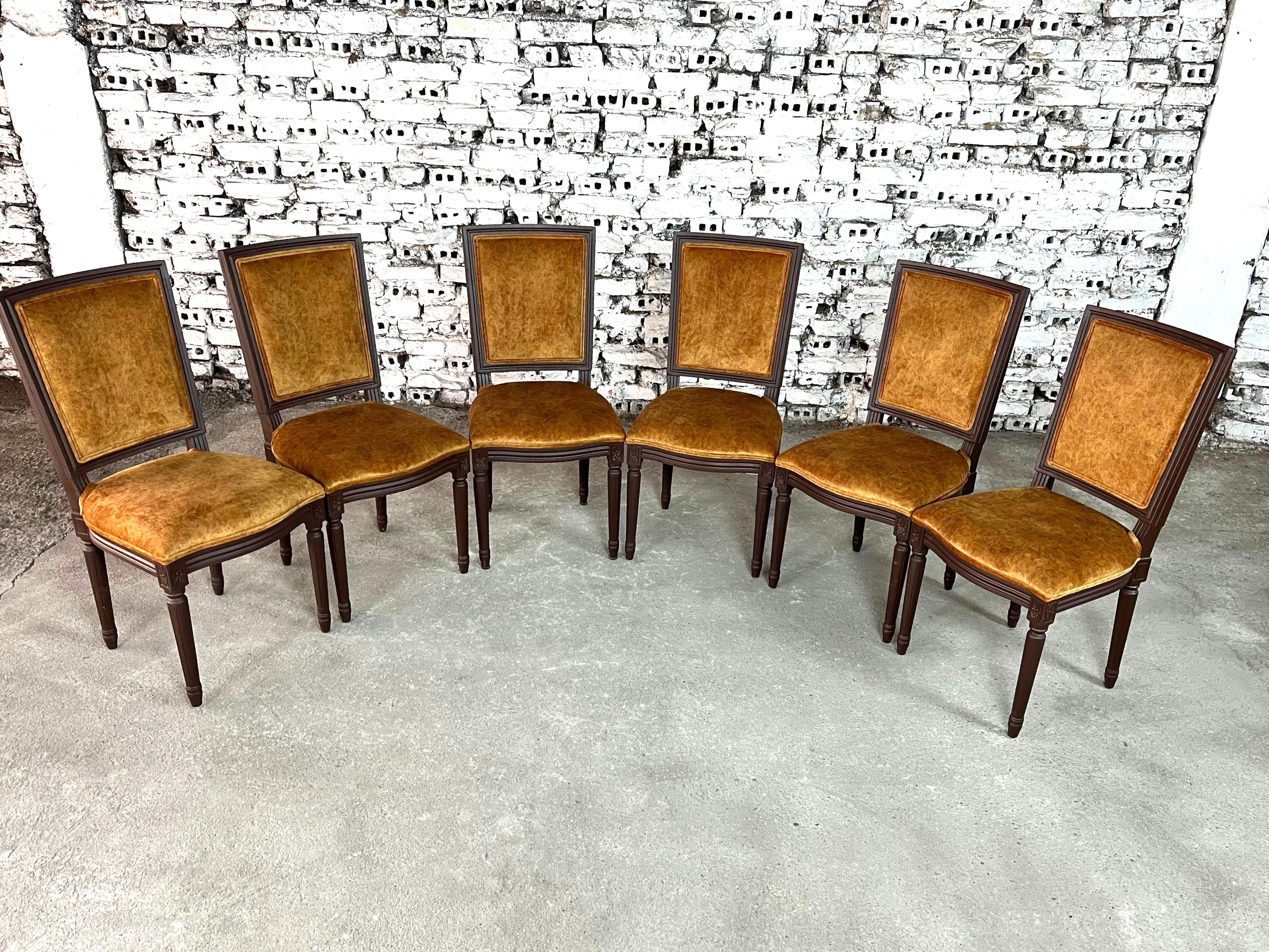 Dimensions: H 37.4” x W 18.5” x D 18.1” x SH 18.5”

Original set of 6 French Vintage Louis XVI Style Square Back dining chairs. Elegant black lacquered wood frames and new vintage light brown colored fabric. Nice neoclassical straight lines and