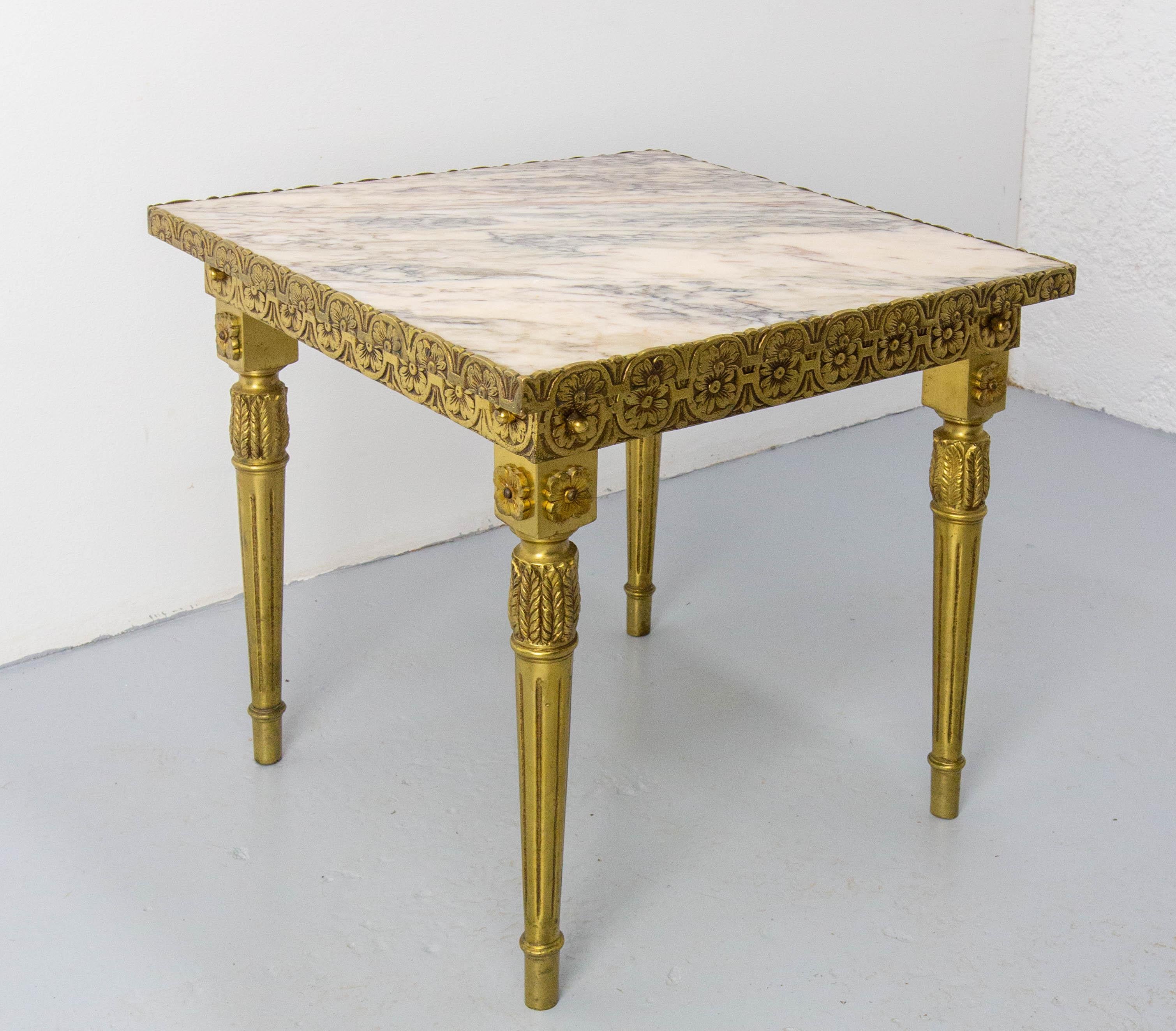 Louis XVI Style Square Side Low Table Brass Marble French, circa 1960 In Good Condition For Sale In Labrit, Landes