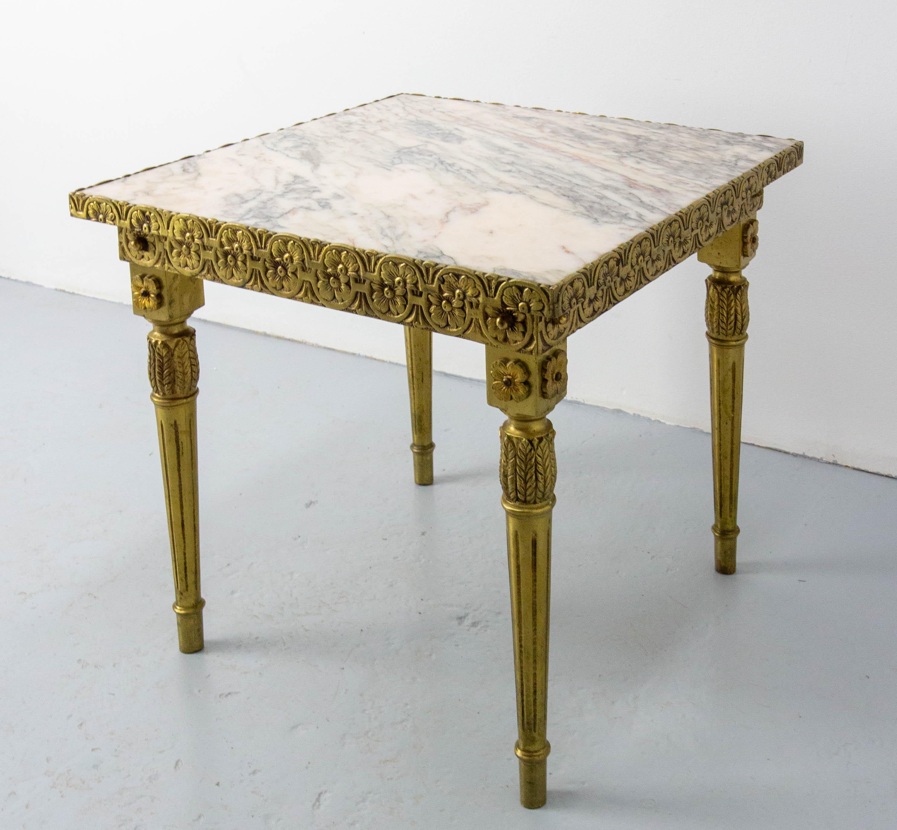20th Century Louis XVI Style Square Side Low Table Brass Marble French, circa 1960 For Sale