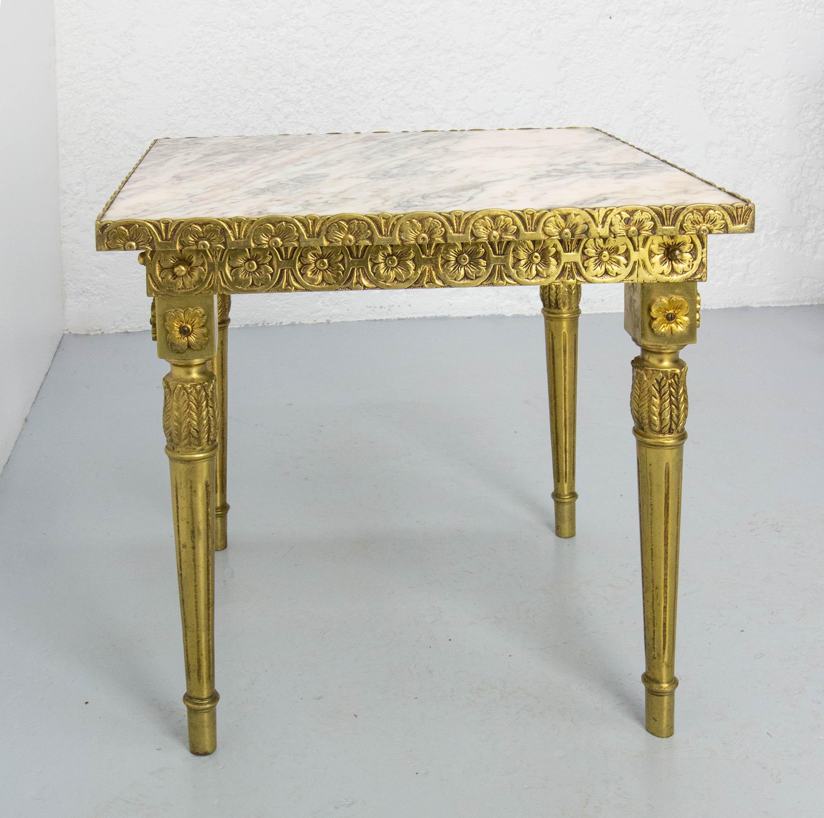 Louis XVI Style Square Side Low Table Brass Marble French, circa 1960 For Sale 1